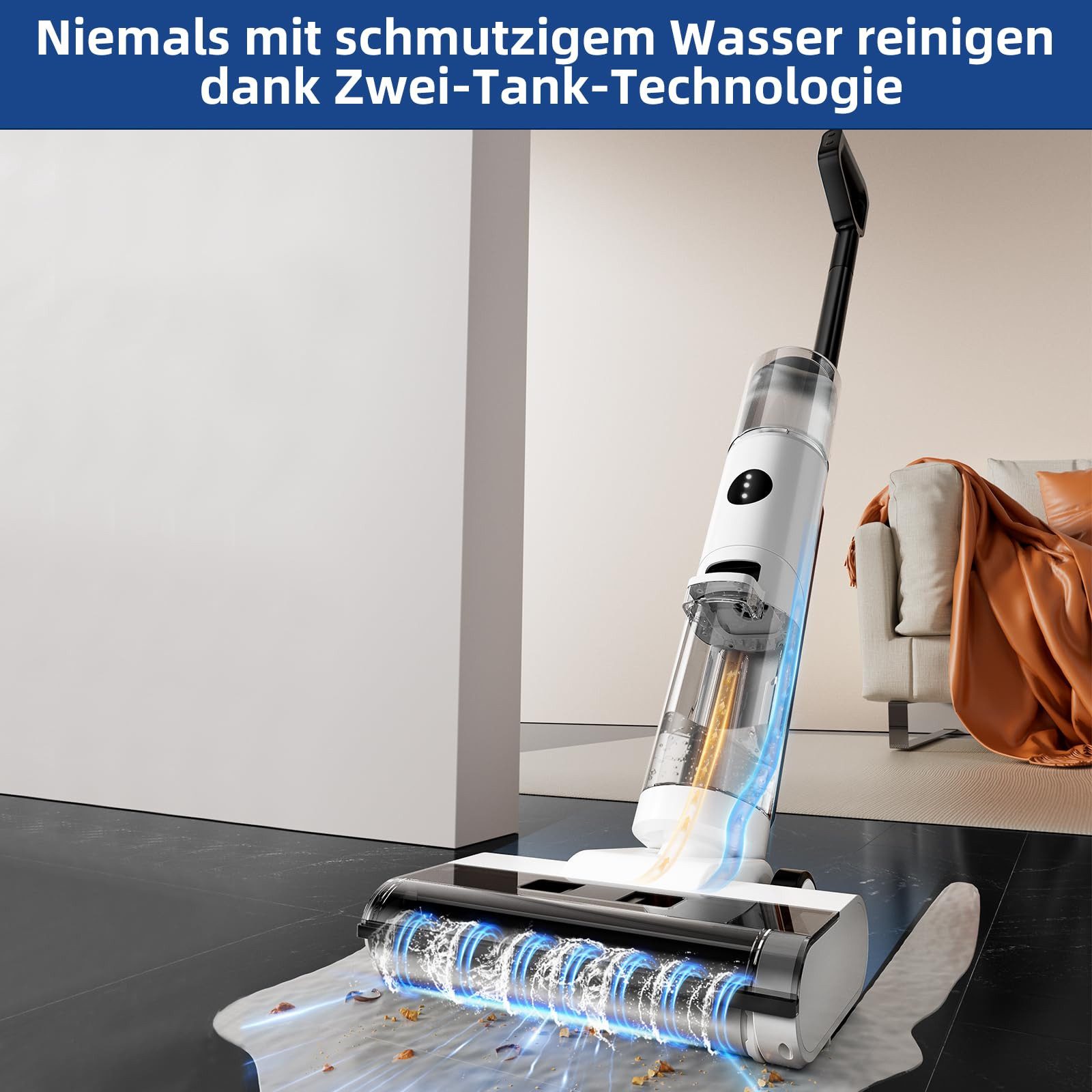 JONR Nass-Trocken-Akkusauger ED12 kabellos - 3-in-1 Wischsauger mit smarter Selbstreinigung, 200,00 W, Anti-Haarverwicklung, 200W Leistungsstarker Akku-Saugwischer für Hartböden & Tierhaare, 6mm ultranahe Kantenreinigung, 850ml großer Wassertank