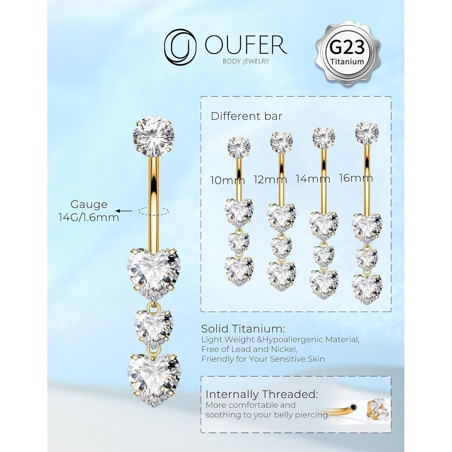 LuxusKollektion Bauchnabelpiercing Titan Heart Dangle Belly Button Piercing 14G 10/12/14/16mm