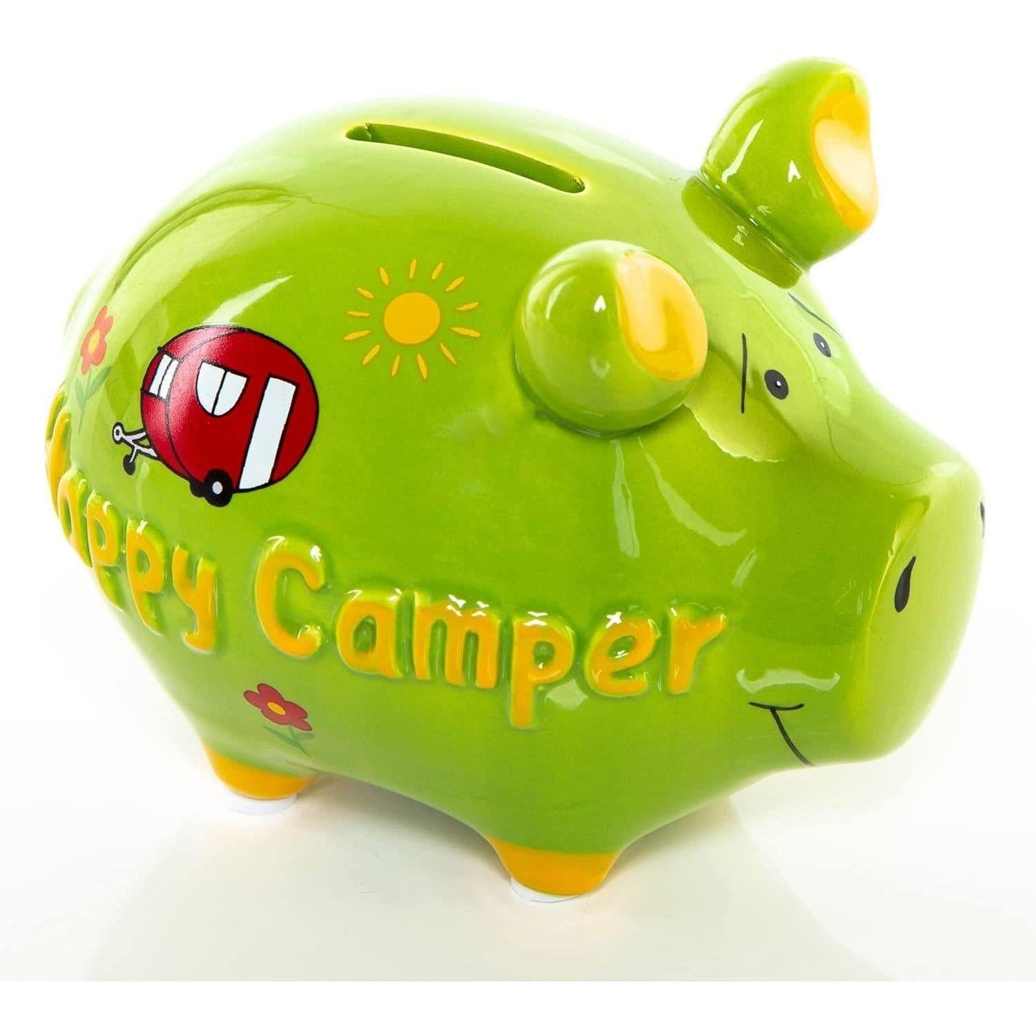 Logbuch-Verlag Dekofigur Sparschwein "Happy Camper" grün bunt aus Keramik