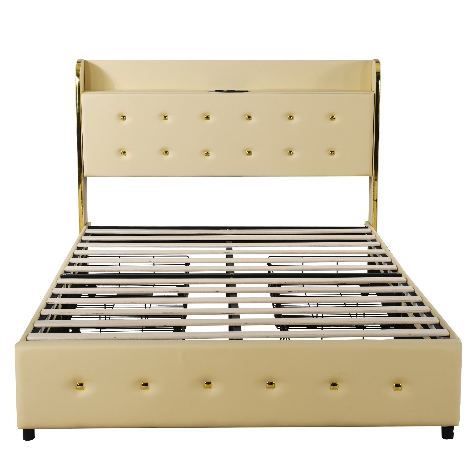 Polsterbett (Stauraumbett, Doppelbett), mit USB Typ C Ladefunktion und 4 Schubladen, Kunstleder, 140x200cm