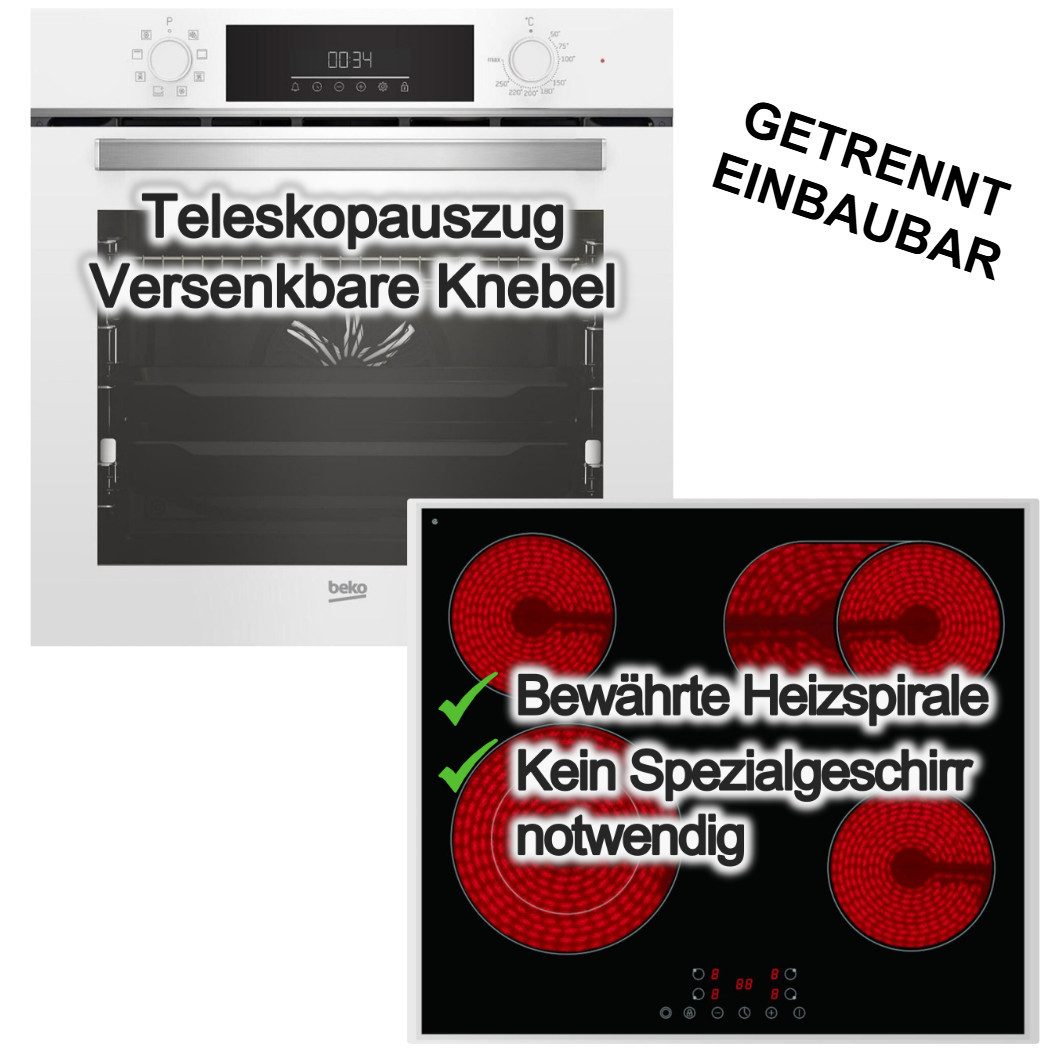 BEKO Backofen-Set Backofen weiß SteamShine Teleskopauszug + Elektrokochfeld Zweikreis, mit 1-fach Teilauszug, Steam Clean
