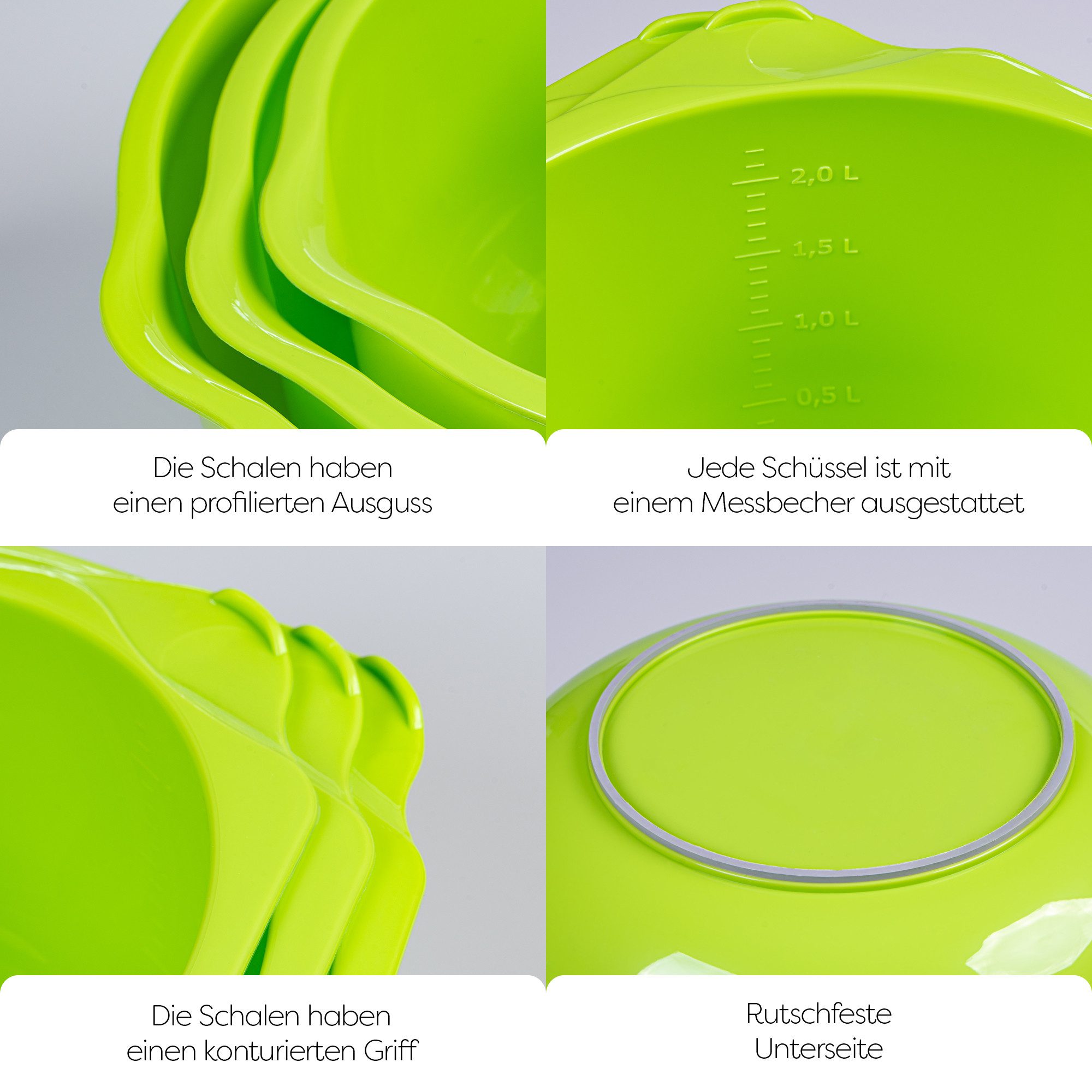 KONZEPT Rührschüssel Set 3-teilig aus Kunststoff – mit Ausgießer, anti-Rutsch-Boden, spülmaschinengeeignet,platzsparende Aufbewahrung – Bild 5 von 5