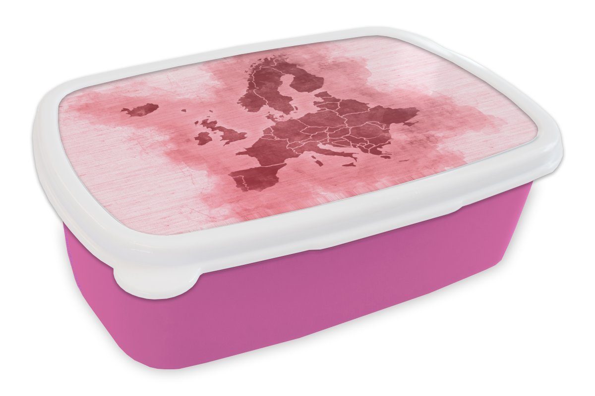 MuchoWow Lunchbox Karte - Europa - Rosa, Kunststoff, (2-tlg), Brotbox für Erwachsene, Brotdose Kinder, Snackbox, Mädchen, Kunststoff