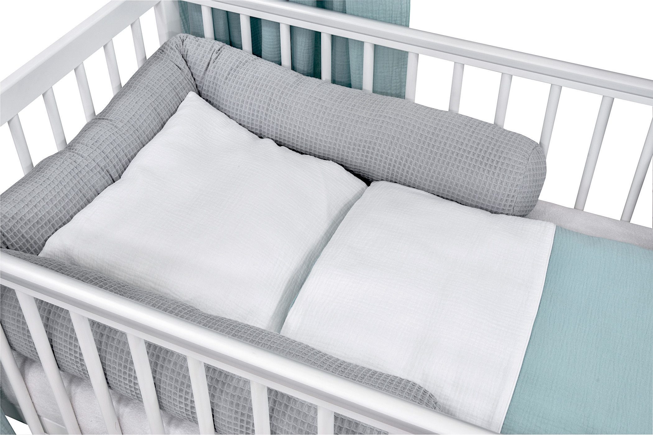 Baby-Delux Komplettbett Hausbett Babybett Komplettset Waffelpique Musselin, 12-tlg., Kinderbett 60x120 cm weiß, Bettset verschiedene Designs