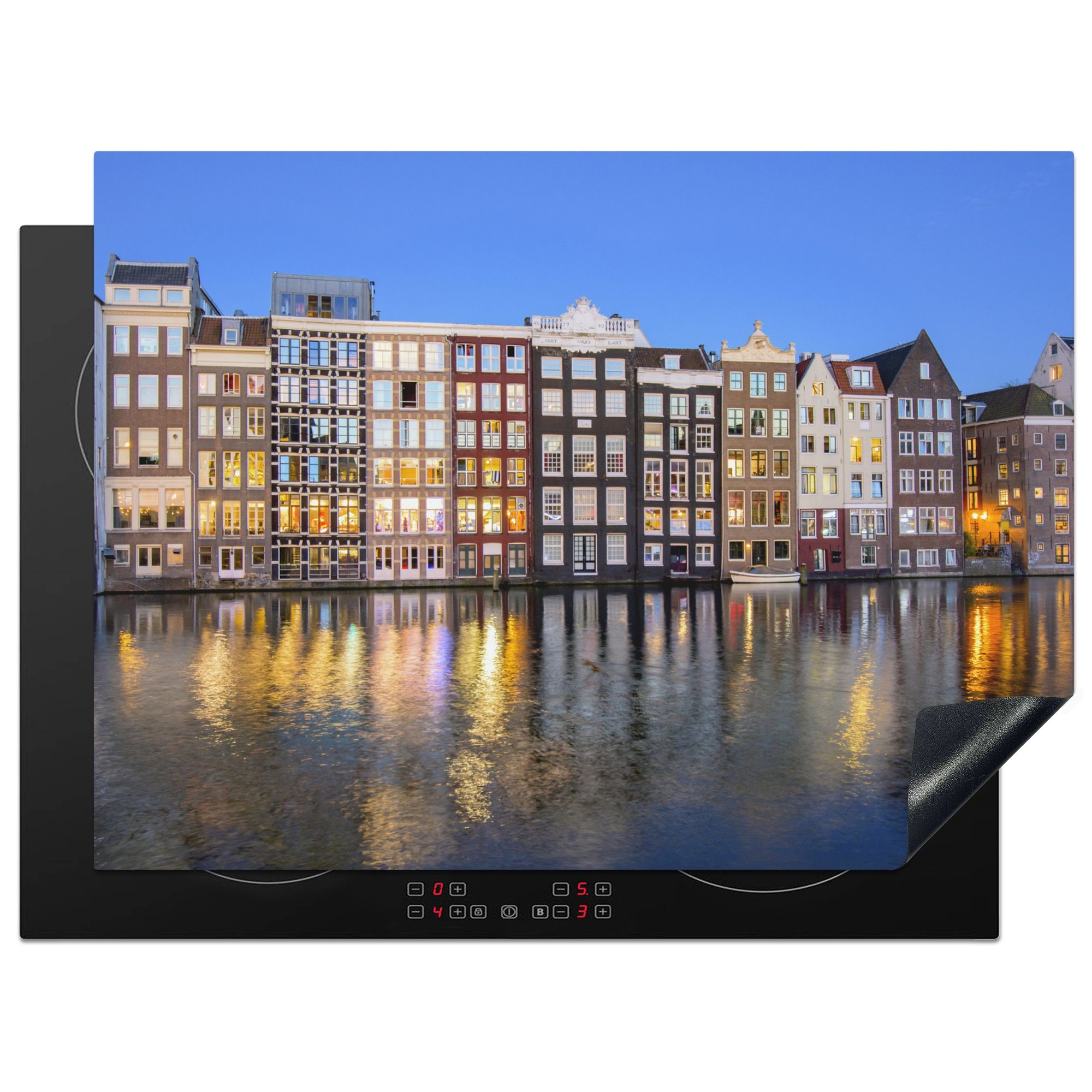 MuchoWow Herdblende-/Abdeckplatte Grachtenhäuser in Amsterdam bei Einbruch der Dunkelheit, Vinyl, (1 tlg), 70x52 cm, Mobile Arbeitsfläche nutzbar, Ceranfeldabdeckung