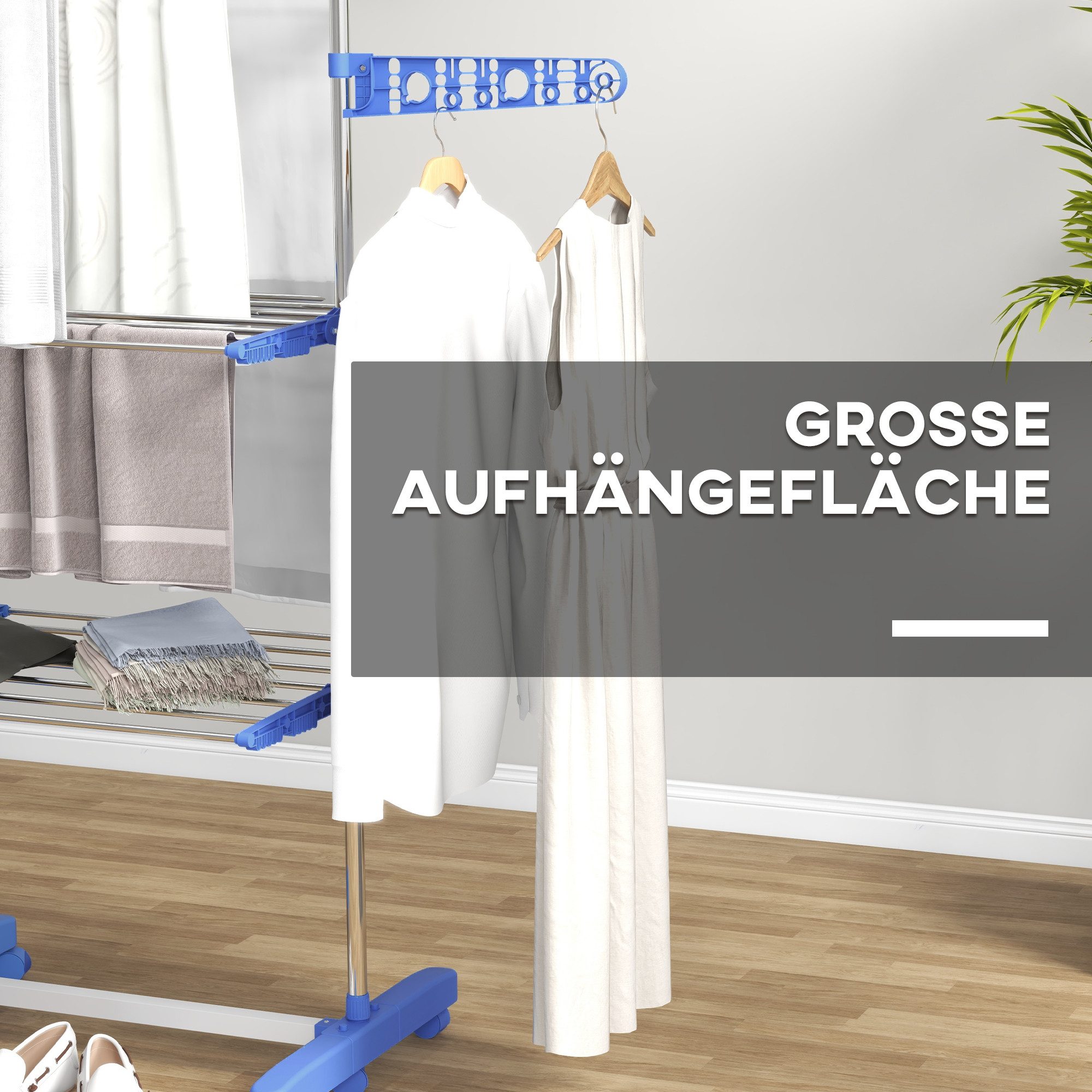 HOMCOM Wäscheständer Turm Standtrockner mit 3 Ebenen, klappbare Flügel, Rollen, für Indoor, Outdoor, Stahl Blau 80,142 x 55 x 152 cm – Bild 5 von 5