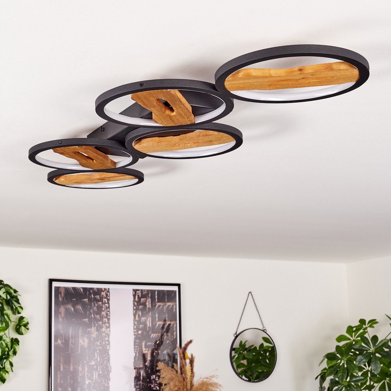 hofstein Deckenleuchte dimmbare Deckenlampe aus Metall/Holz/Kunststoff in Schwarz/Natur/Weiß, LED fest integriert, 3000 Kelvin, Leuchte Länge 96cm, 42 Watt, 600 – Bild 5 von 5