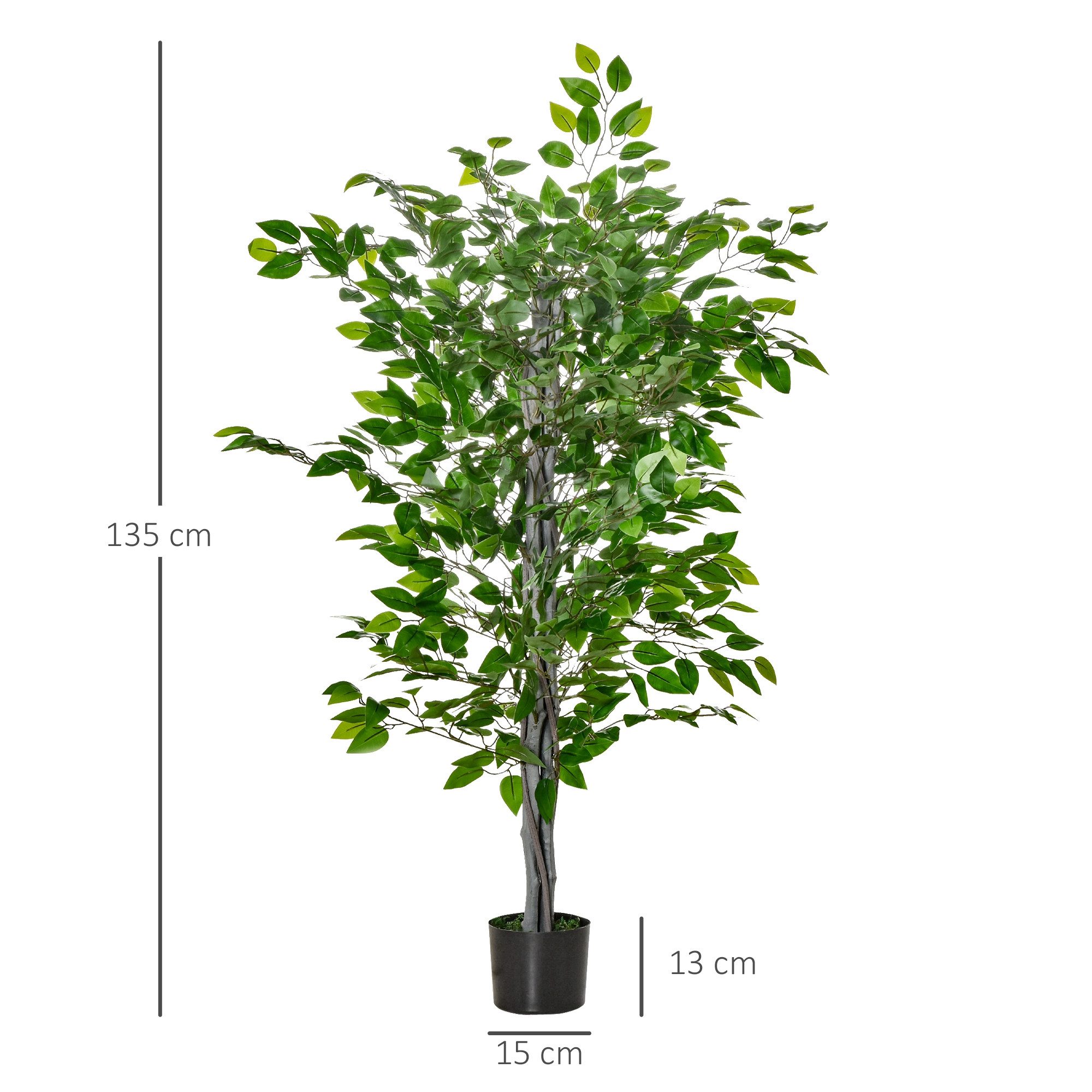 Kunstpflanze Künstlicher Ficusbaum, Plastik Pflanzen im Topf Ficus-Baum, HOMCOM, Höhe 135 cm, Kunstbaum für Wohnzimmer, Schlafzimmer, Büro