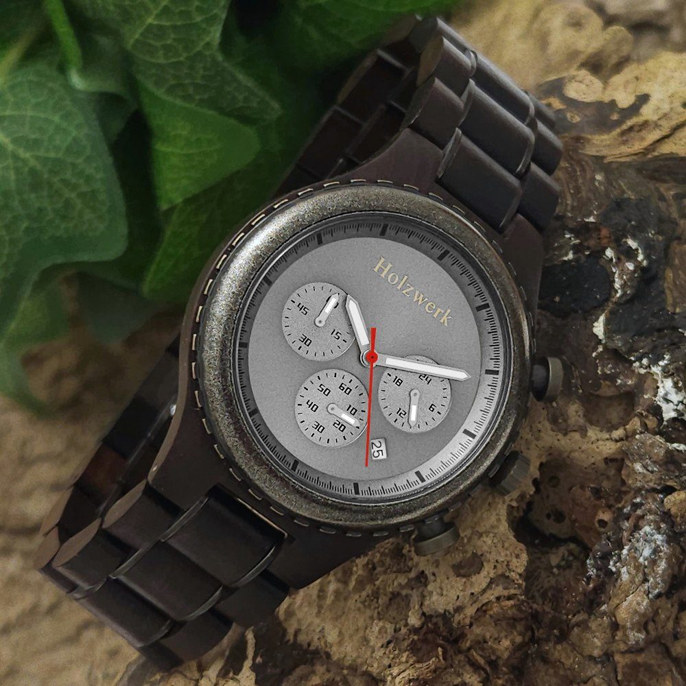 Holzwerk Chronograph ISERLOHN Herren Holz Armband Uhr mit Datum, braun, schwarz, silber