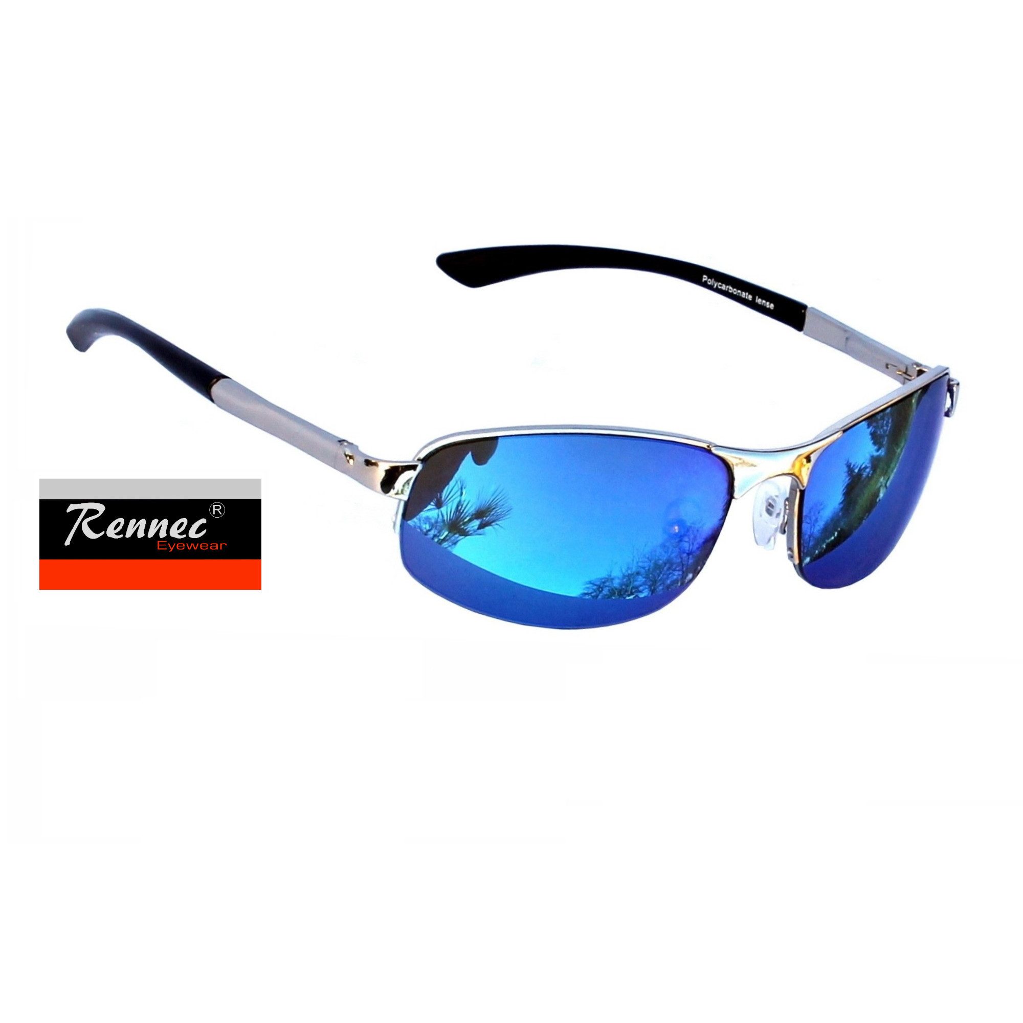 Rennec Sonnenbrille (Markenbrille mit Brillenbox und Brillenbeutel, schmale Metall Sonnenbrille Edelstahl mit Federscharniere) Halbrand Brille mit Federgelenke Blau Verspiegelt oder Schwarz Getönt