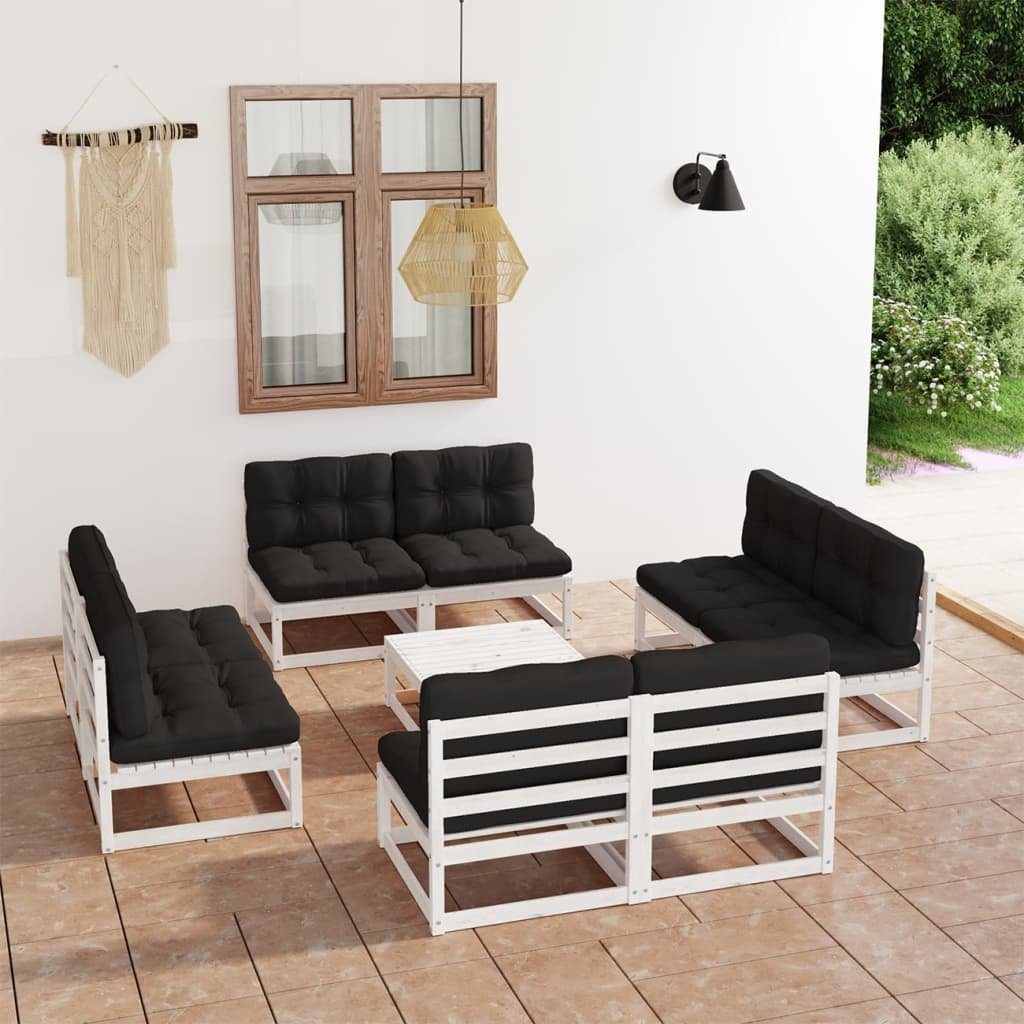 vidaXL Gartenlounge-Set 9-tlg. Garten-Lounge-Set mit Kissen Kiefer Massivholz, (1-tlg) Weiß