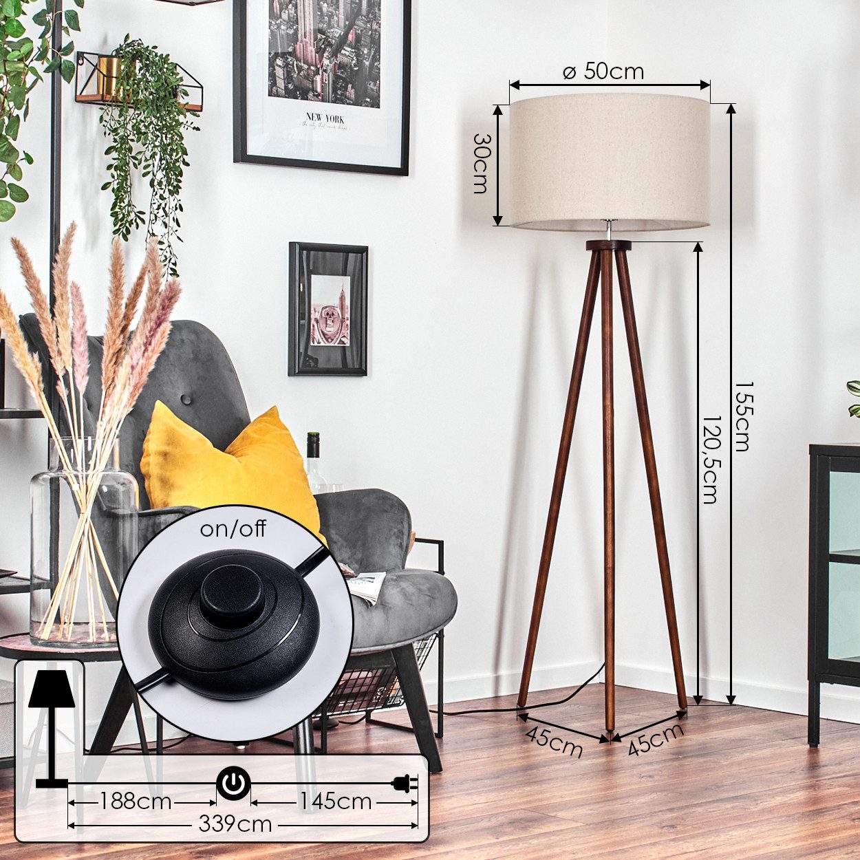 hofstein Stehlampe Stehlampe aus Holz/Stoff in Dunkelbraun/Beige/Weiß, ohne Leuchtmittel, skandinavische Design Leuchte, Schirm (40 cm) u. Fußschalter, 1x E27