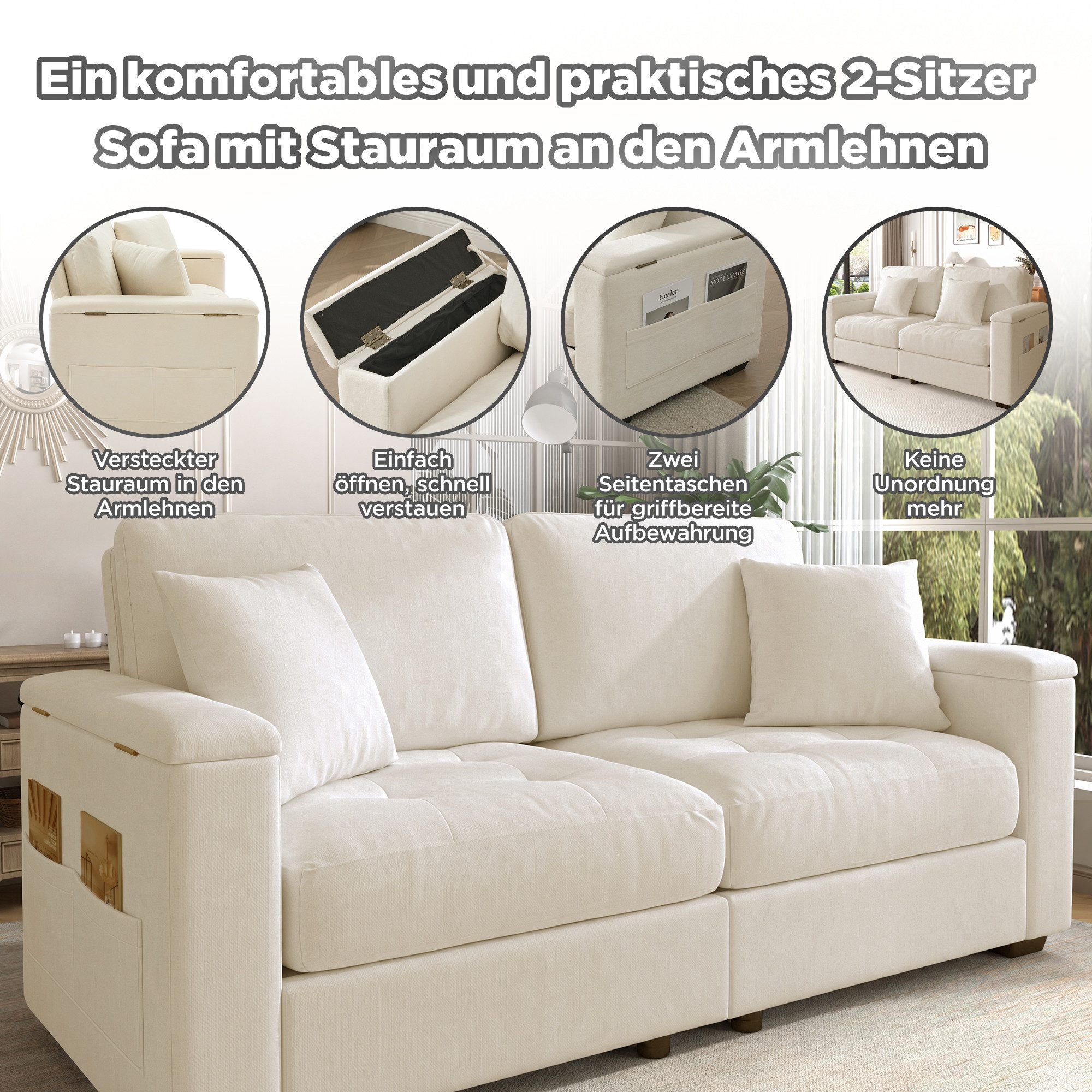Merax 2-Sitzer mit Armlehnen-Stauraum und Seitentaschen, modernes Sofa aus Chenille, 180×81,5×84cm 1 Teile, Couch mit hochdichter Schaumstoff, 2 Kissen & Massiv – Bild 5 von 5