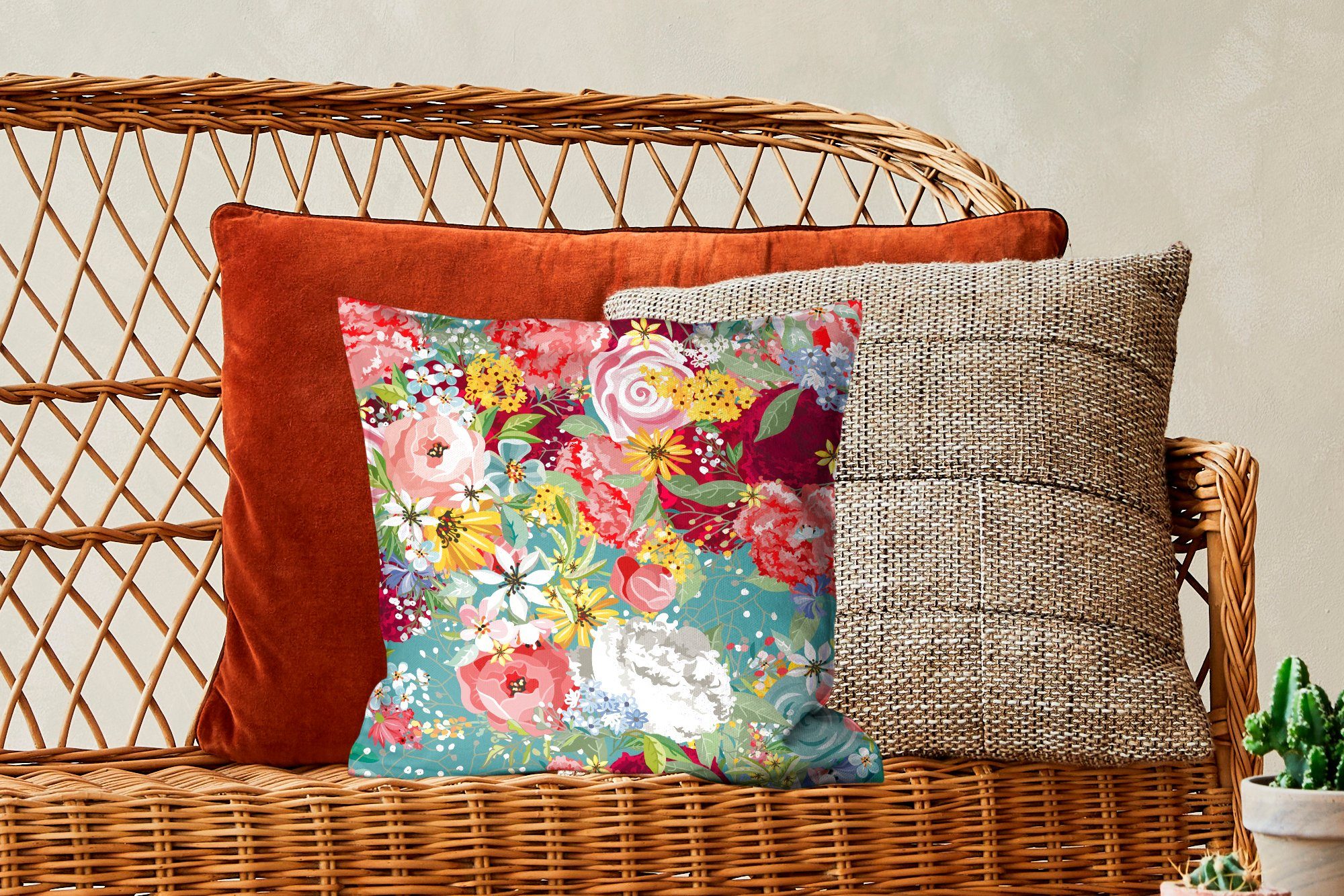 MuchoWow Dekokissen Eine farbenfrohe Illustration mit Wohzimmer, mit Blumenmuster, Deko, für Schlafzimmer, Füllung Zierkissen Sofakissen