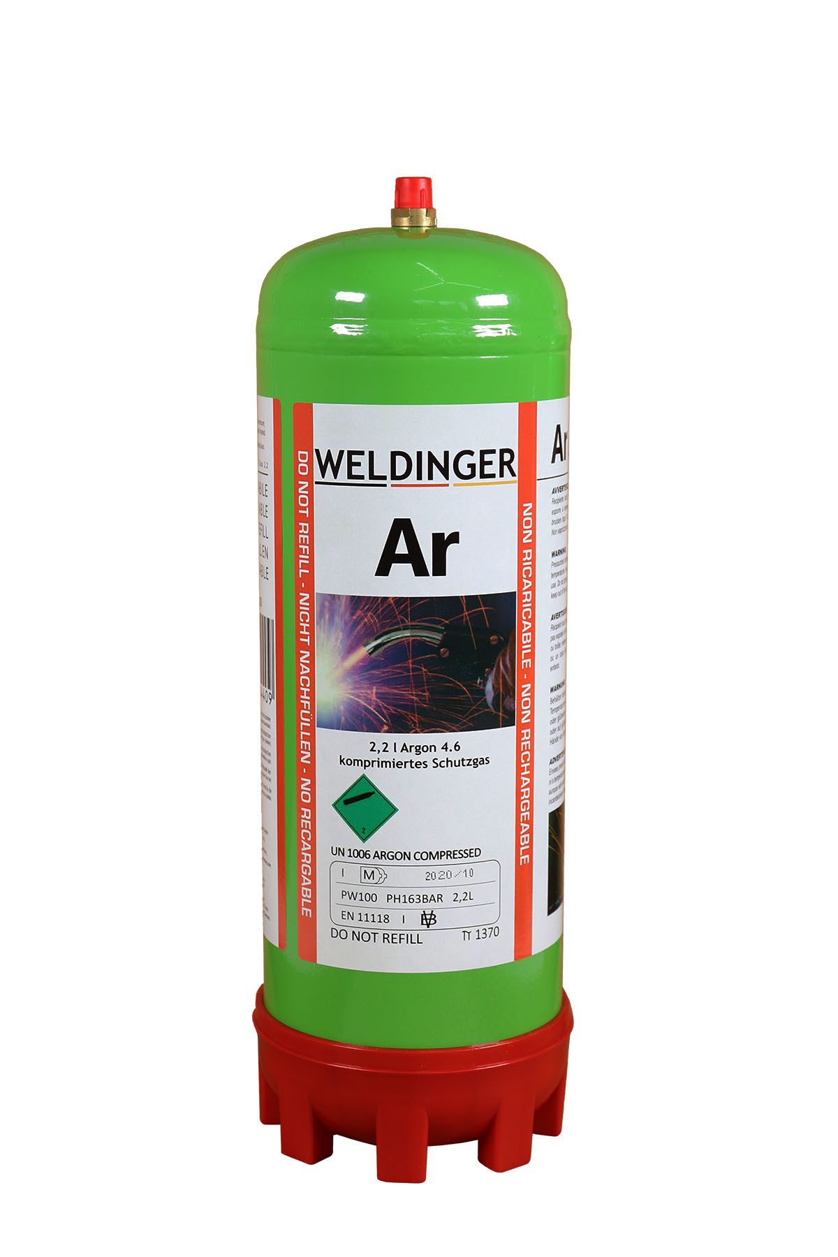 WELDINGER Gas Argon 4.6 Einwegflasche 2 L/220 Liter Schweißgas Schutzgas WIG und MIG, Schutzgas zum WIG- und MIG-Schweißen