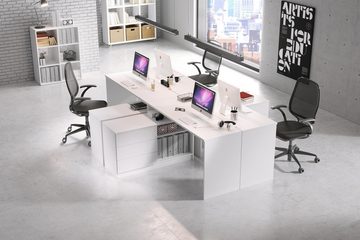 Furnix Schreibtisch TENNY PC-Tisch mit Kommode (3 Schubladen und 2 Ablagen) Weiß, variabel planbar, viel Stauraum, Design & Funktionalität