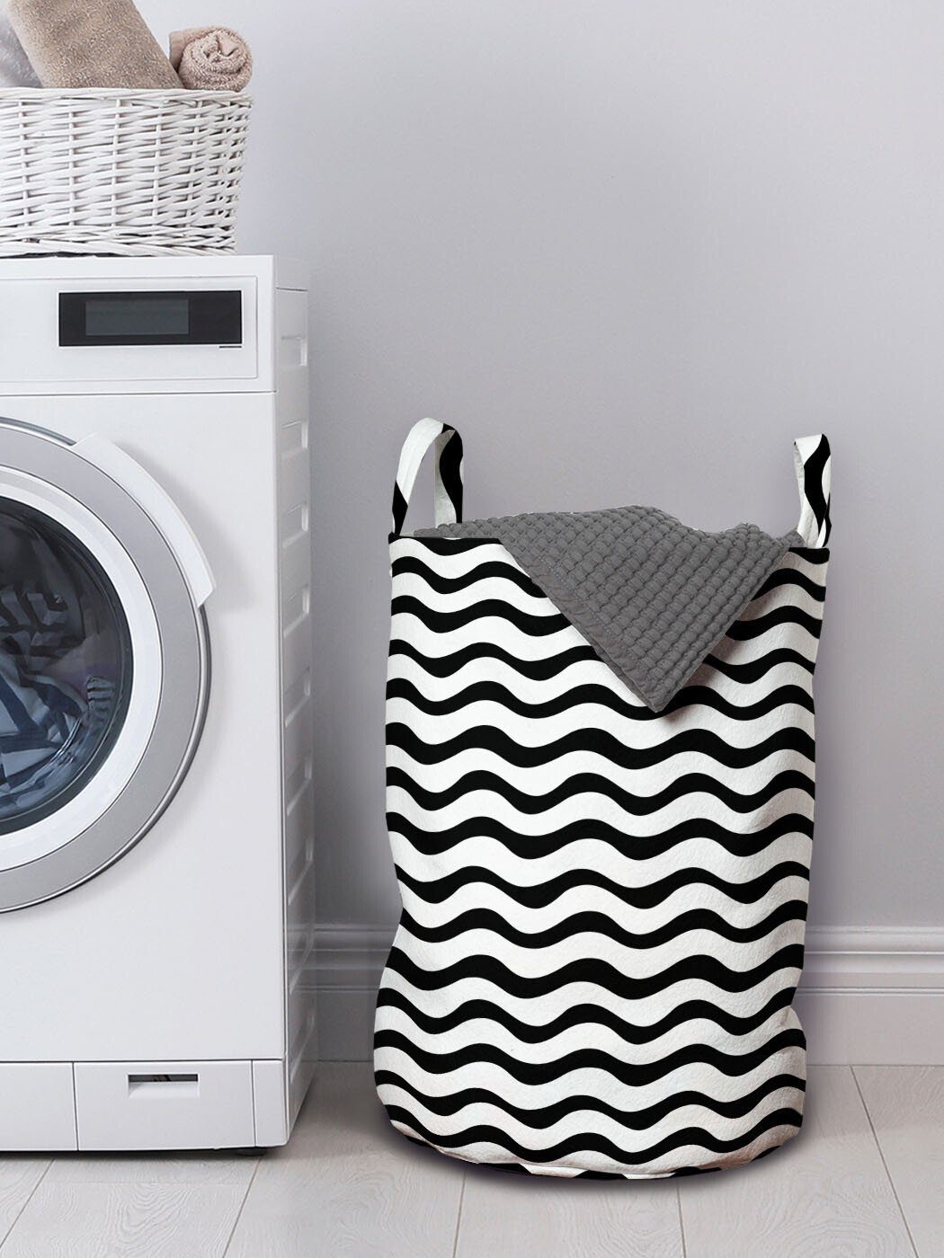 Abakuhaus Wäschesäckchen Wäschekorb mit verrückte Waschsalons, Wellenförmige Streifen Horizontal Kordelzugverschluss Griffen für Kunst
