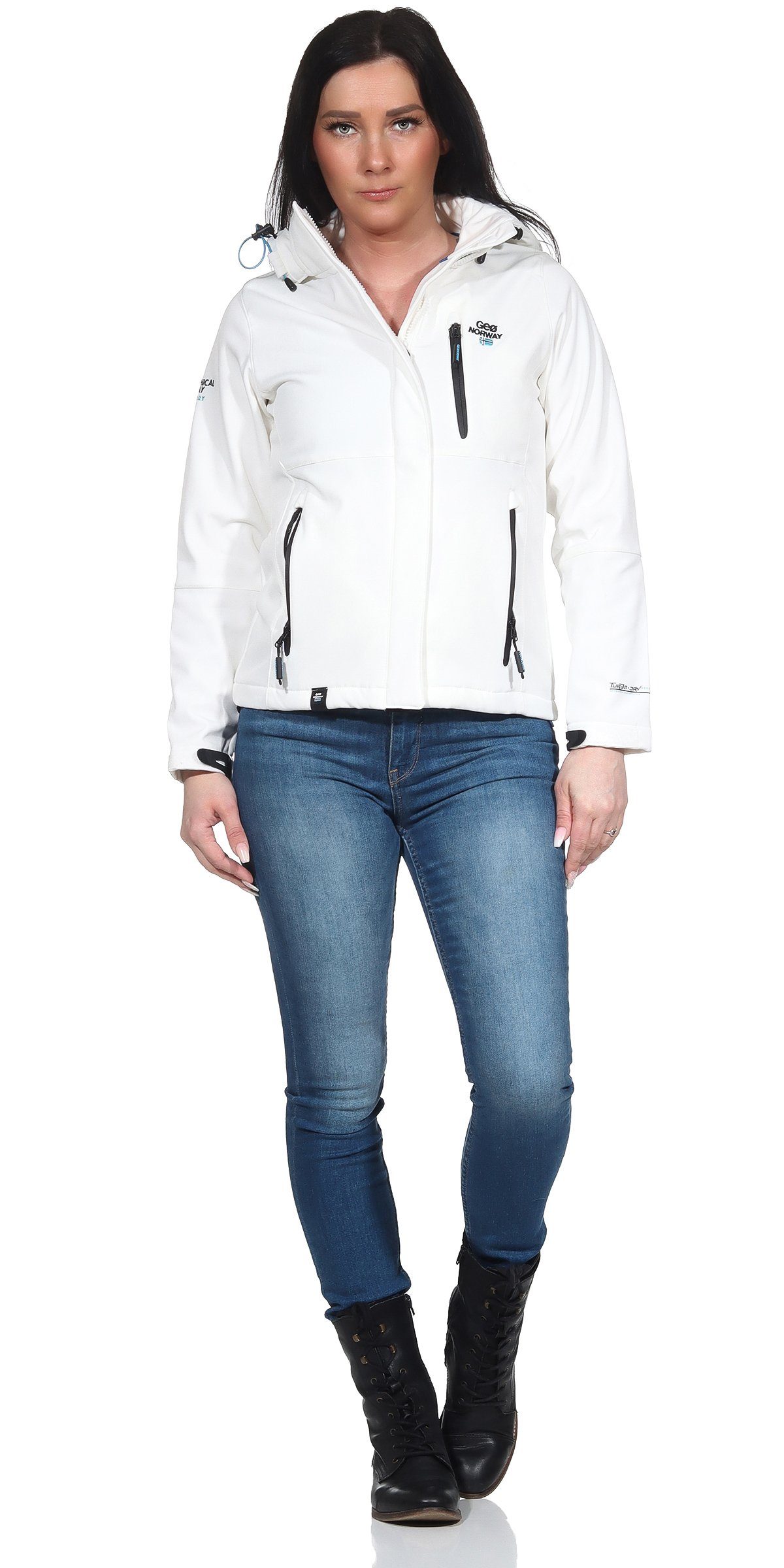 Geographical Norway Softshelljacke Geographical Norway leyoley by abnehmbarer Softshelljacke mit Wetterschutz G-Tara Weiss Damen Stehkragen, Kapuze