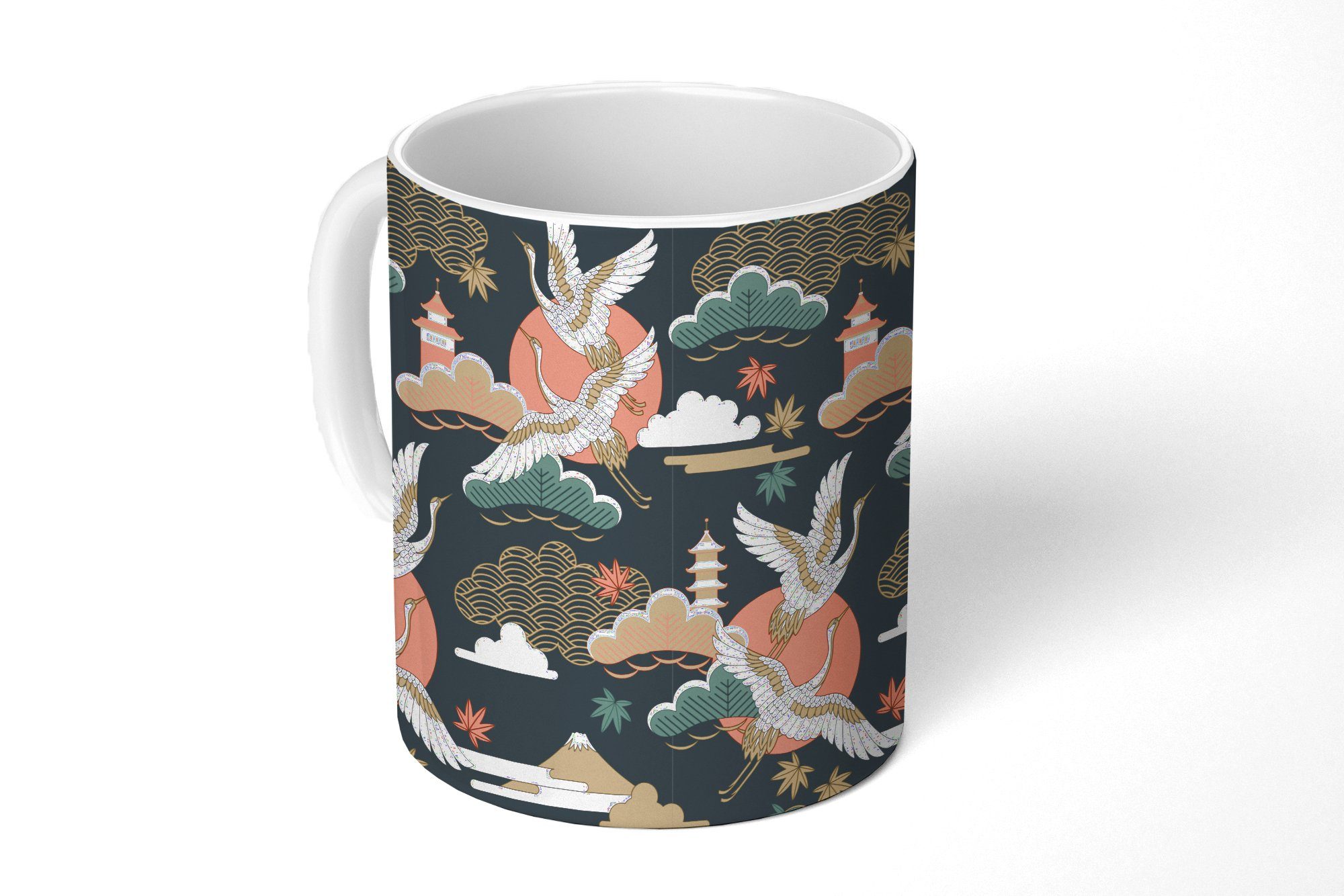 MuchoWow Tasse Kranich - Wolken - Japan - Muster, Keramik, Kaffeetassen, Teetasse, Becher, Teetasse, Geschenk