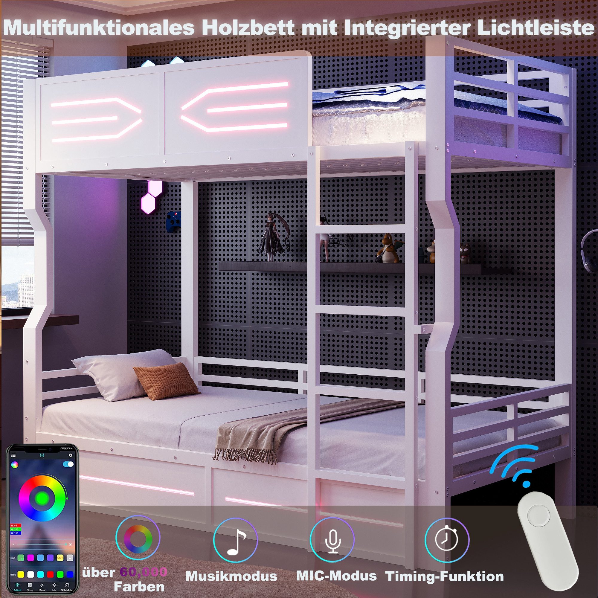 Merax Etagenbett 90x200cm mit LED-Beleuchtung, Hochbett Eisenbett (1-St), Metallbett Stockbett Kinderbett mit Sicherheitsgitter und Leiter – Bild 4 von 5