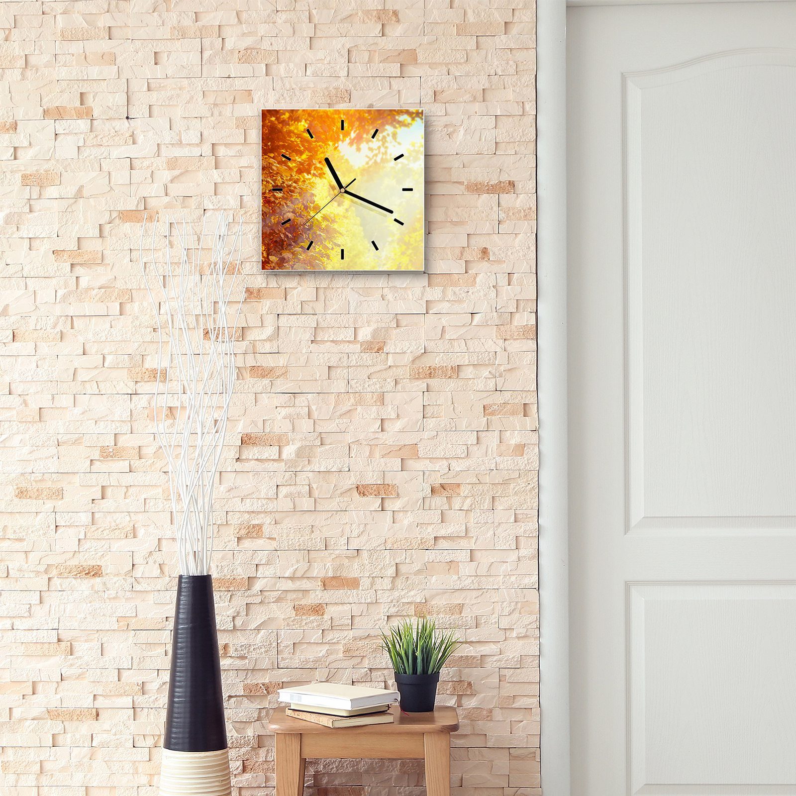 Primedeco Wanduhr Glasuhr im Sonne Größe Herbst 30 mit cm Motiv x Wanduhr Wandkunst 30