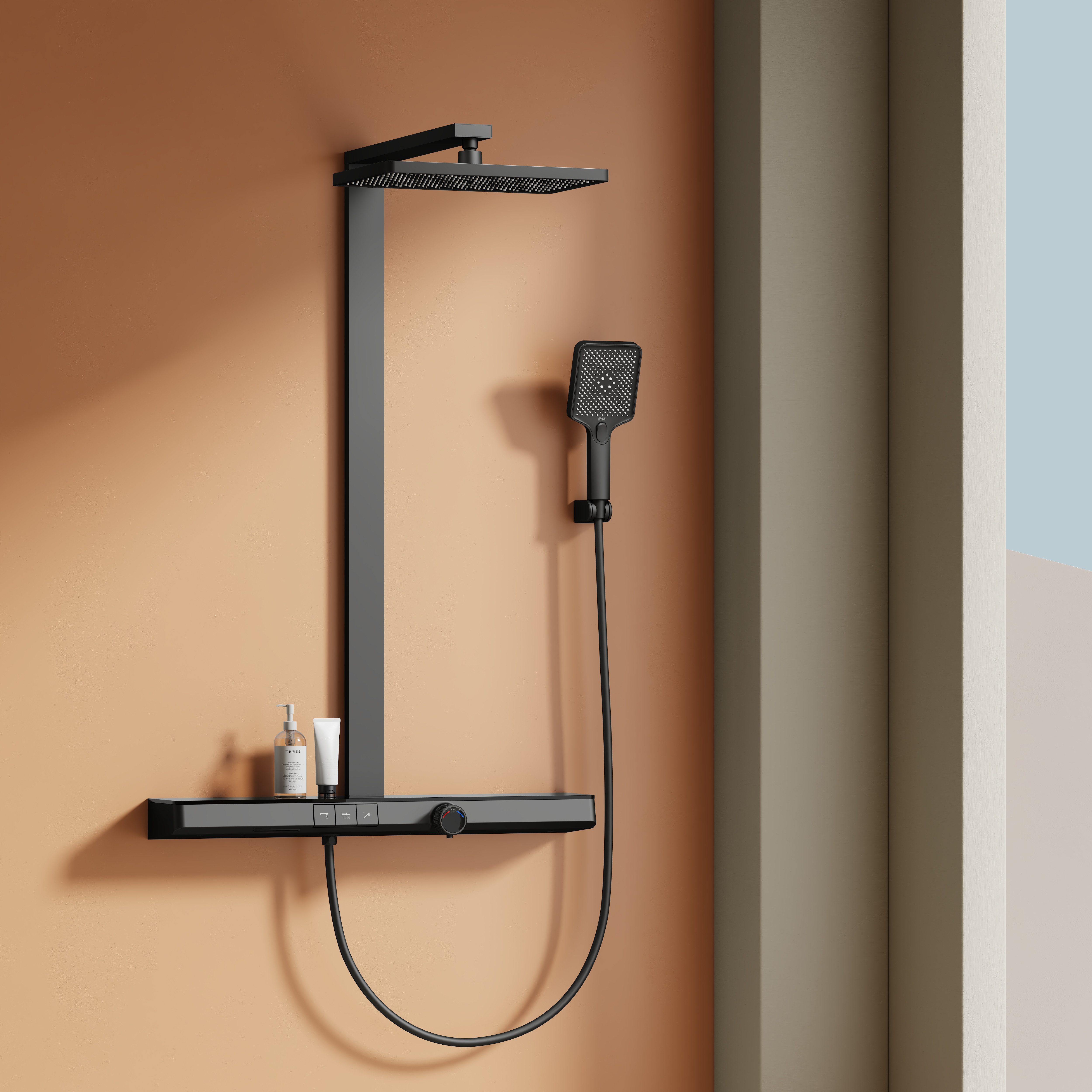EMKE Duschsystem duschsystem mit armatur und filter thermostat Duschset schwarz, Regendusche, Wasserfall-Auslauf, Handbrause, Mattschwarz