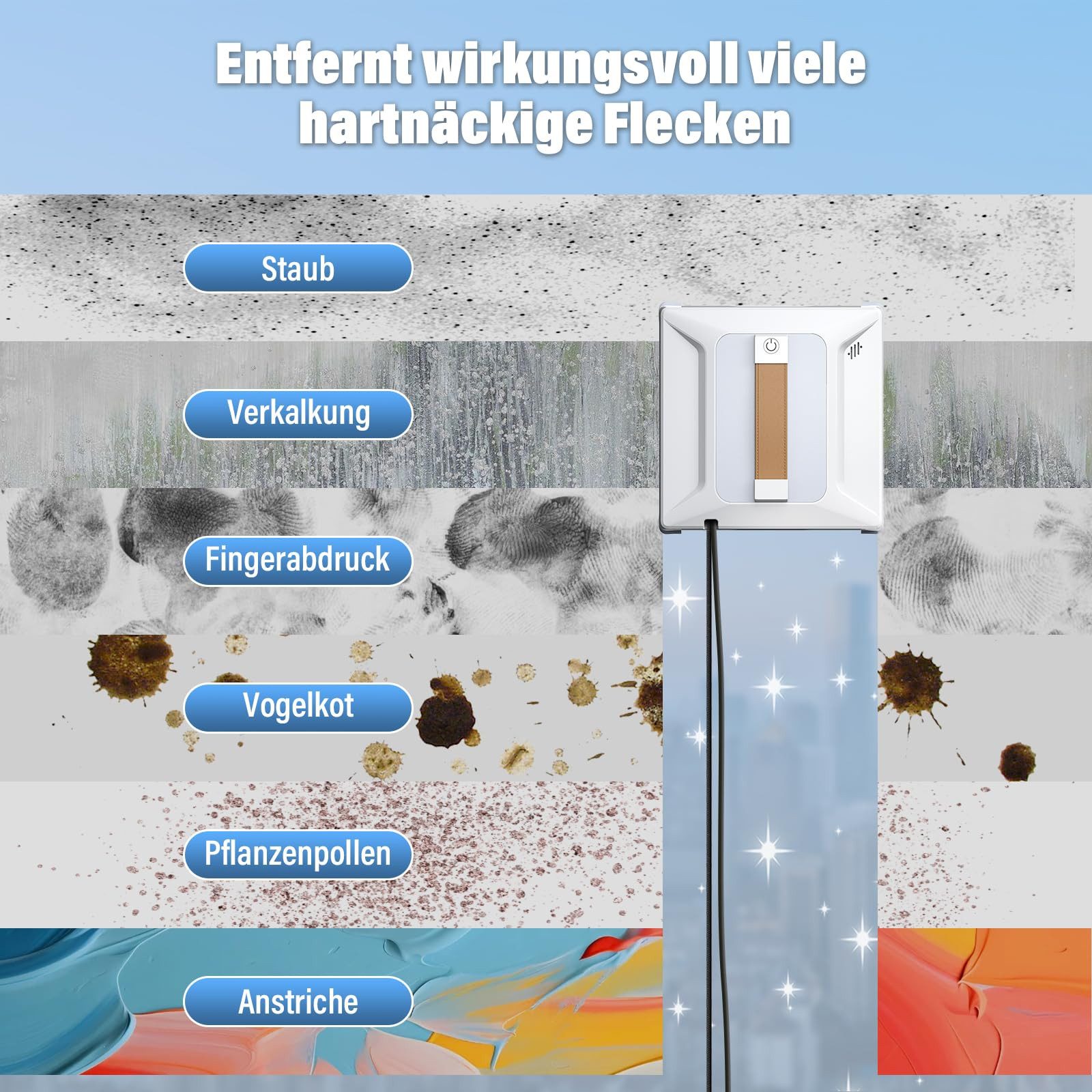 AIBISTAR Fensterputzroboter Fenstersauger Automatischer Fensterreiniger Elektrisch 6000KPA, 100 ml Wassertank,Intelligentes Sprühsystem,Absturzsicherung – Bild 4 von 5