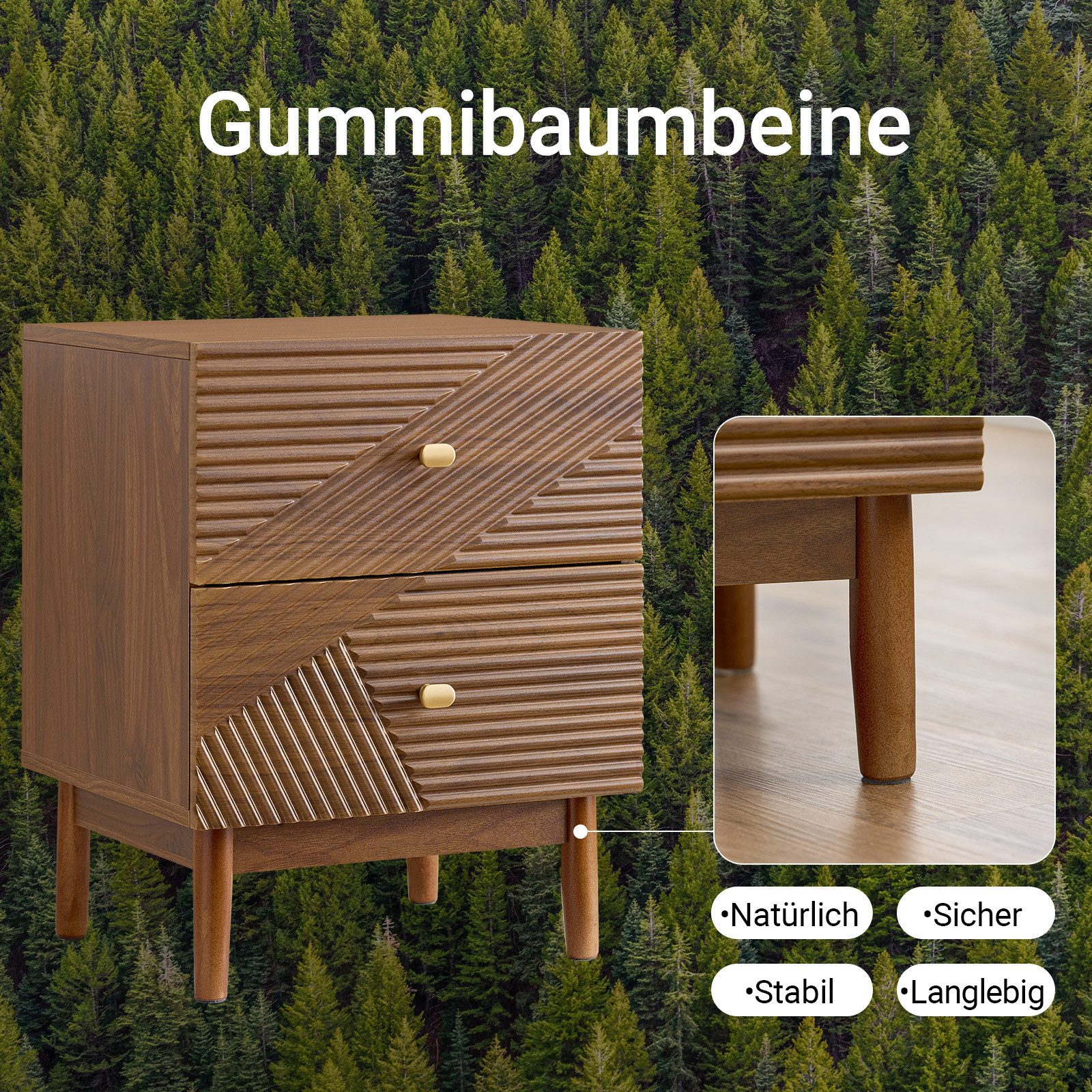 SoBuy Nachttisch FBT170, Nachtschrank mit 2 Schubladen, Beistelltisch Couchtisch, Nachtkommode Sofatisch, mit Gummibaumholzbeinen, vintage, Schlafzimmer – Bild 5 von 5