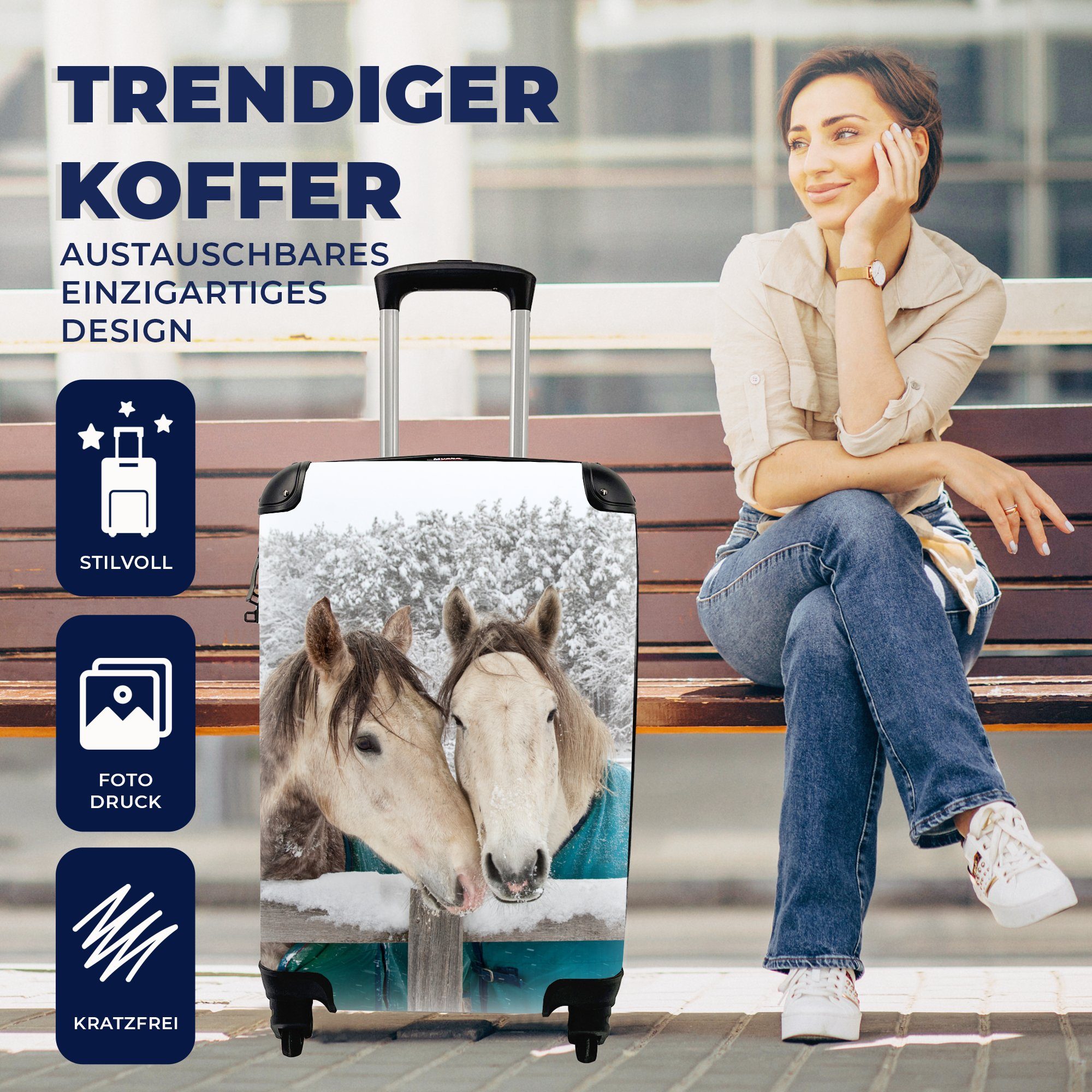 MuchoWow Handgepäckkoffer 4 Handgepäck für - Trolley, mit Reisetasche rollen, Ferien, Rollen, Reisekoffer Decke - Schnee, Pferde