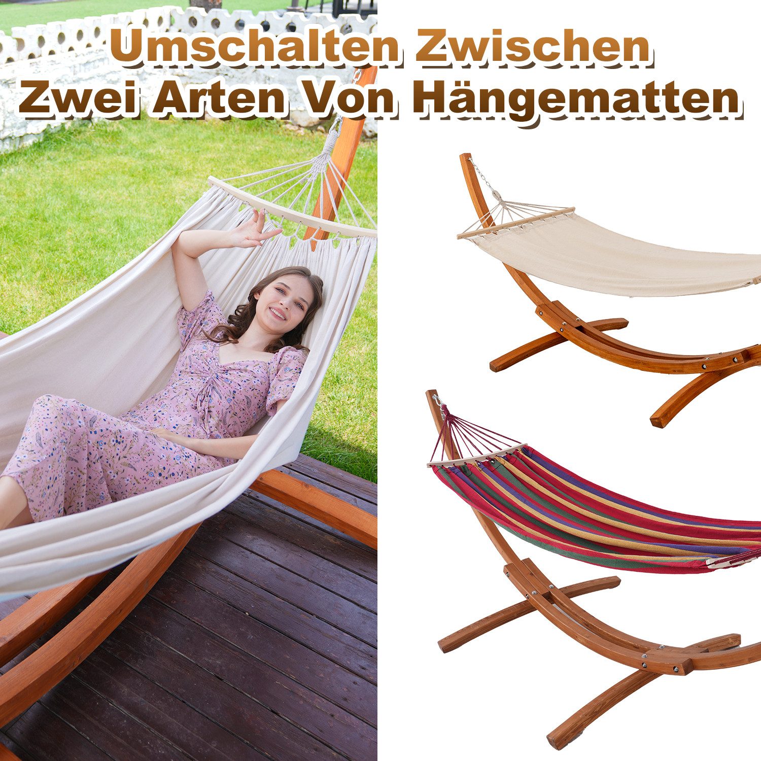 HOMAVO Hängematte mit Gestell, Mit 2 Hängematte, Stabiles Holzgestell, 200kg Belastbarkeit, Maße: 320x120x120 cm, Höhenverstellbar