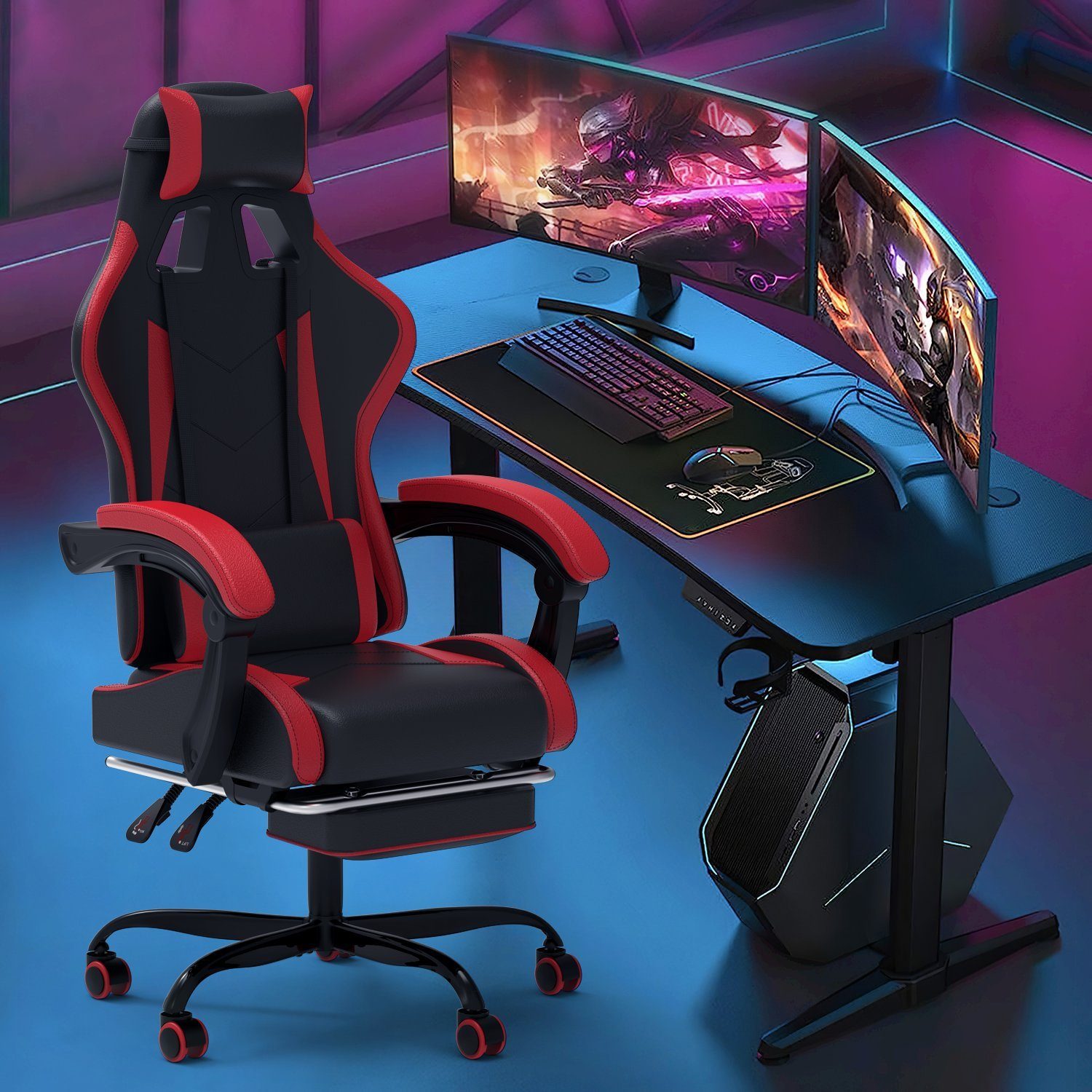 90-135° Rückenlehne Gaming einstellbar Rot Gaming Fußstütze, mit Massage GUNJI Chair Stuhl
