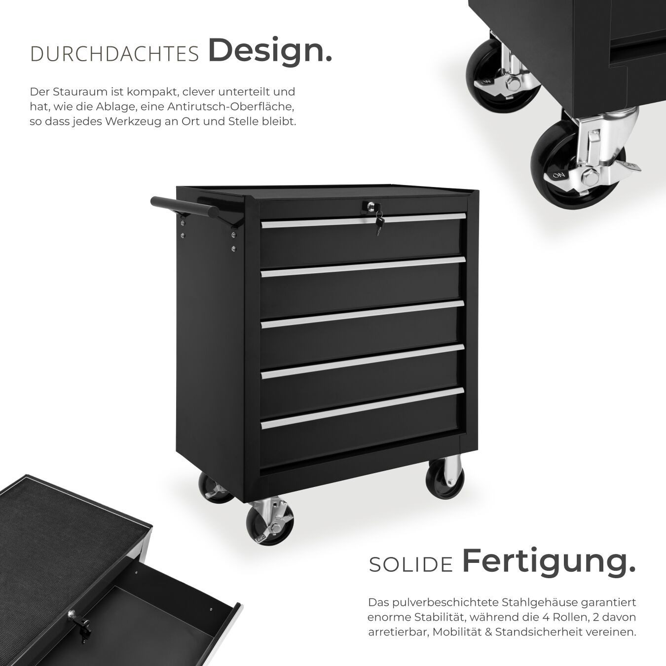 tectake Werkzeugwagen Werkstattwagen, Belastbarkeit 150 kg, zentrale, schwarz, (Werkzeugkoffer leer, in schwarz), 5 kugelgelagerte Schubladen mit Antirutschmatten, Rollen Ø 100 mm