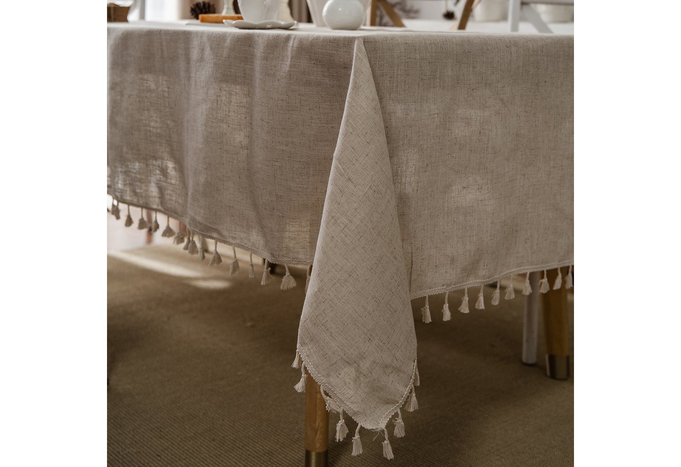 BTTO Tischdecke Vintage-Tischdecke aus Leinen mit Quasten