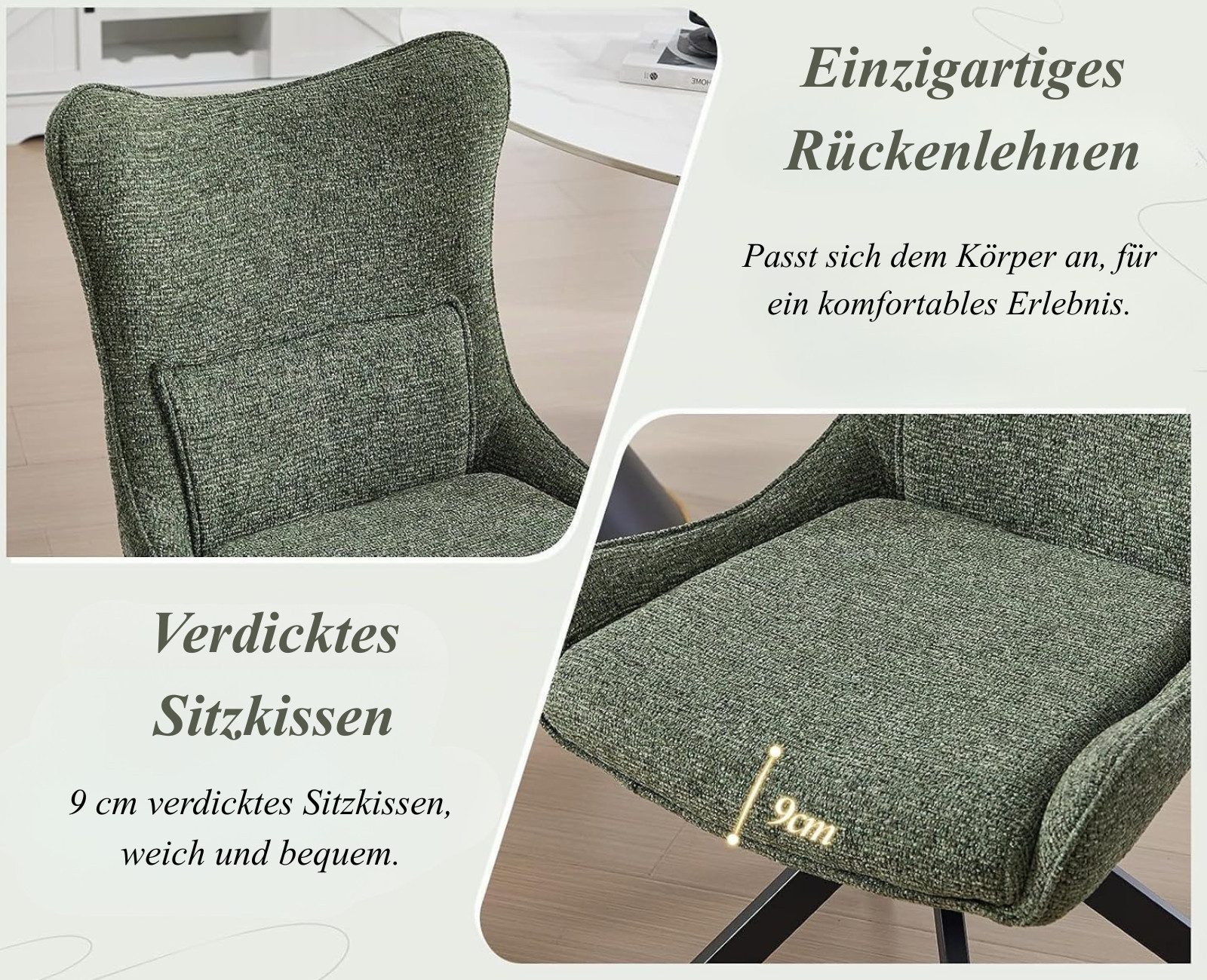 WAHSON OFFICE CHAIRS Esszimmerstuhl 360°Drehbar Esszimmerstühle 2er Set Drehstuhl Chenille mit Metallbeine (4 St) – Bild 5 von 5