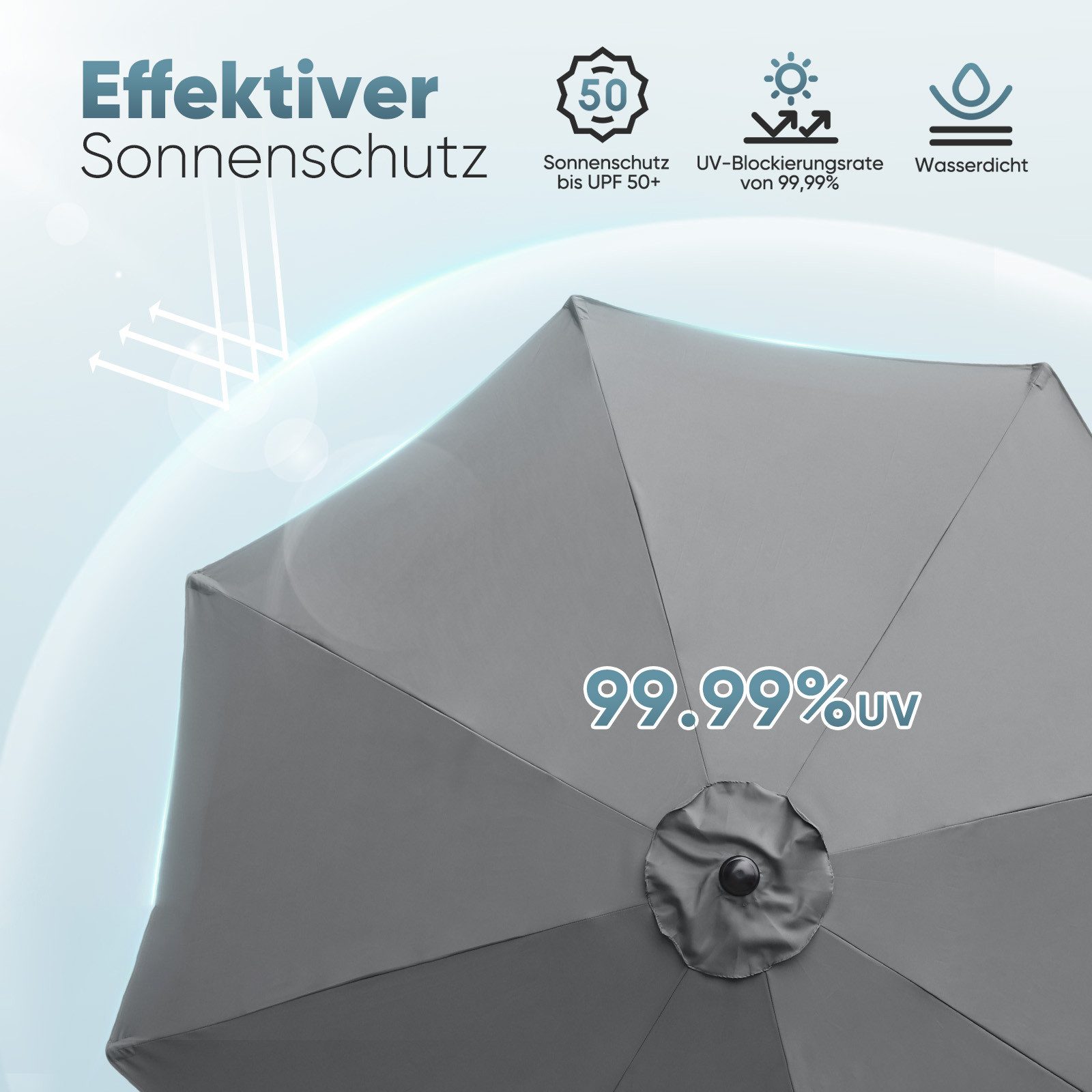 Sekey Sonnenschirm ø 200/270/300 cm Gartenschirm Rund, Marktschirm Knickbar, mit Kurbel, LxB: 300x300 cm, sonnenschirm 300cm, Neigungswinkel, für Balkon Garten, – Bild 4 von 5