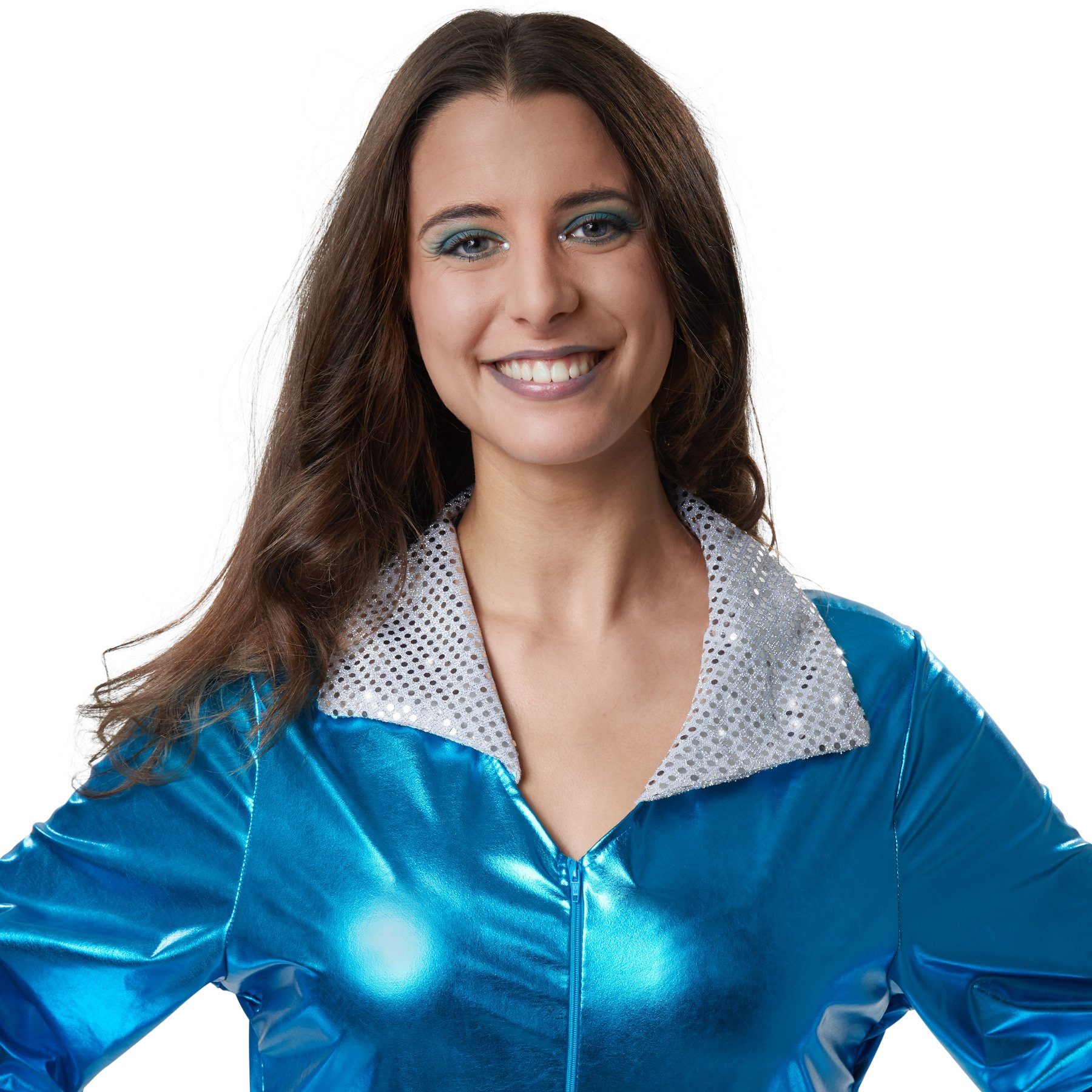 dressforfun Hippie-Kostüm Frauenkostüm Disco Starlet, Einteiler aus neonblauem Glanzstoff