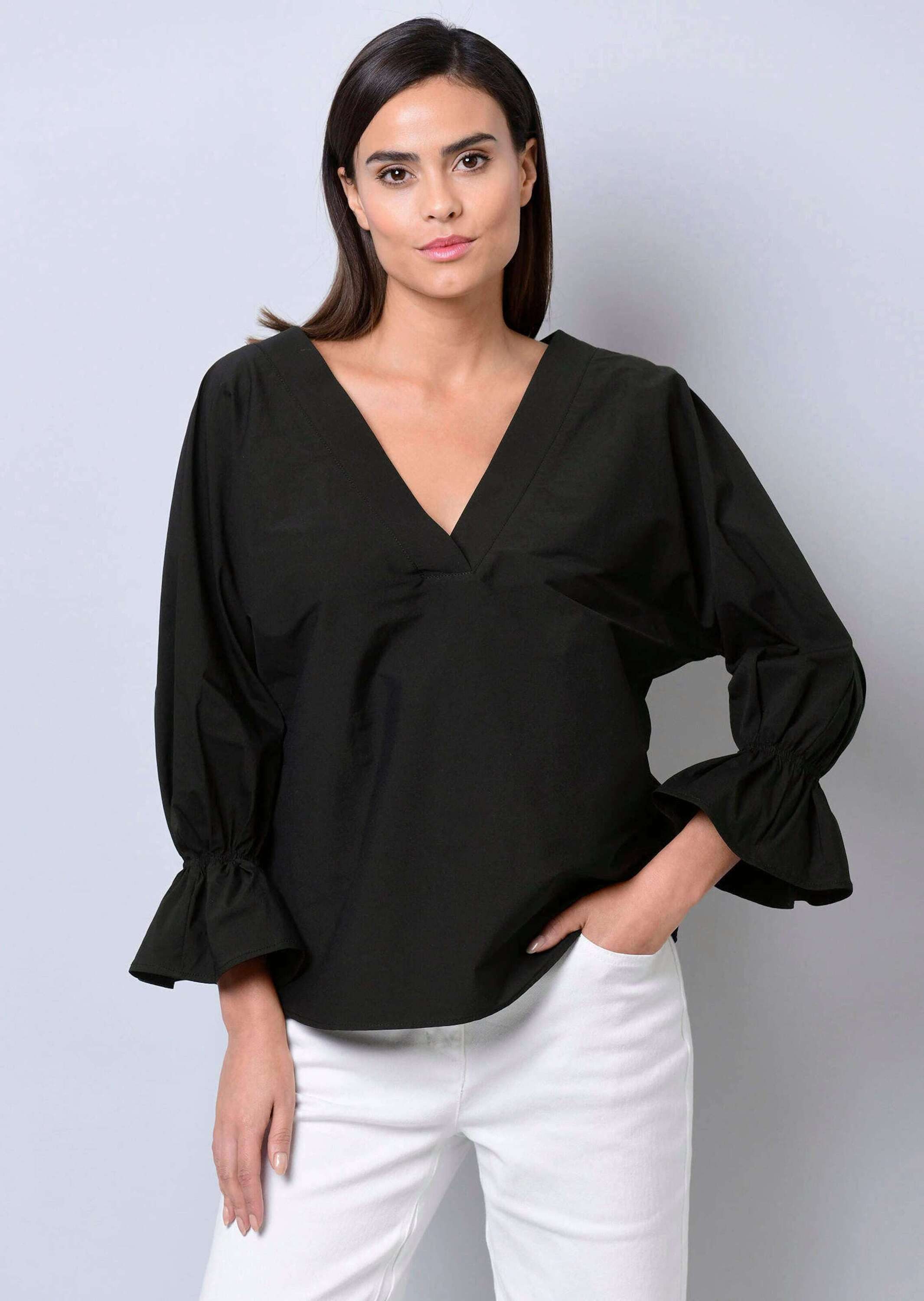 Hemdbluse Oversizedbluse mit Volant am Ärmelabschluss