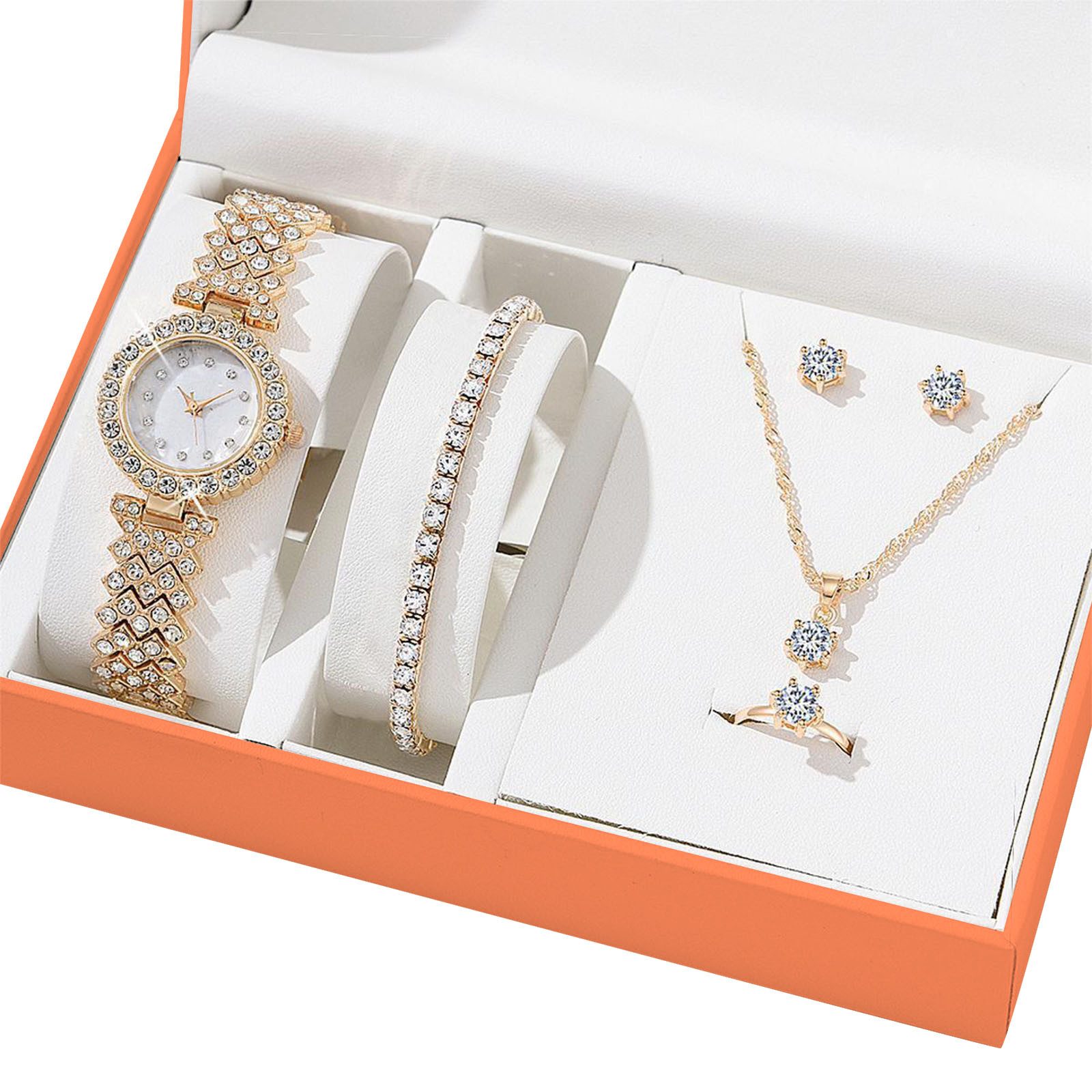 Quarzuhr 5er Geschenkset Damen Armbanduhr Armband Halskette Ring Ohrpiercing