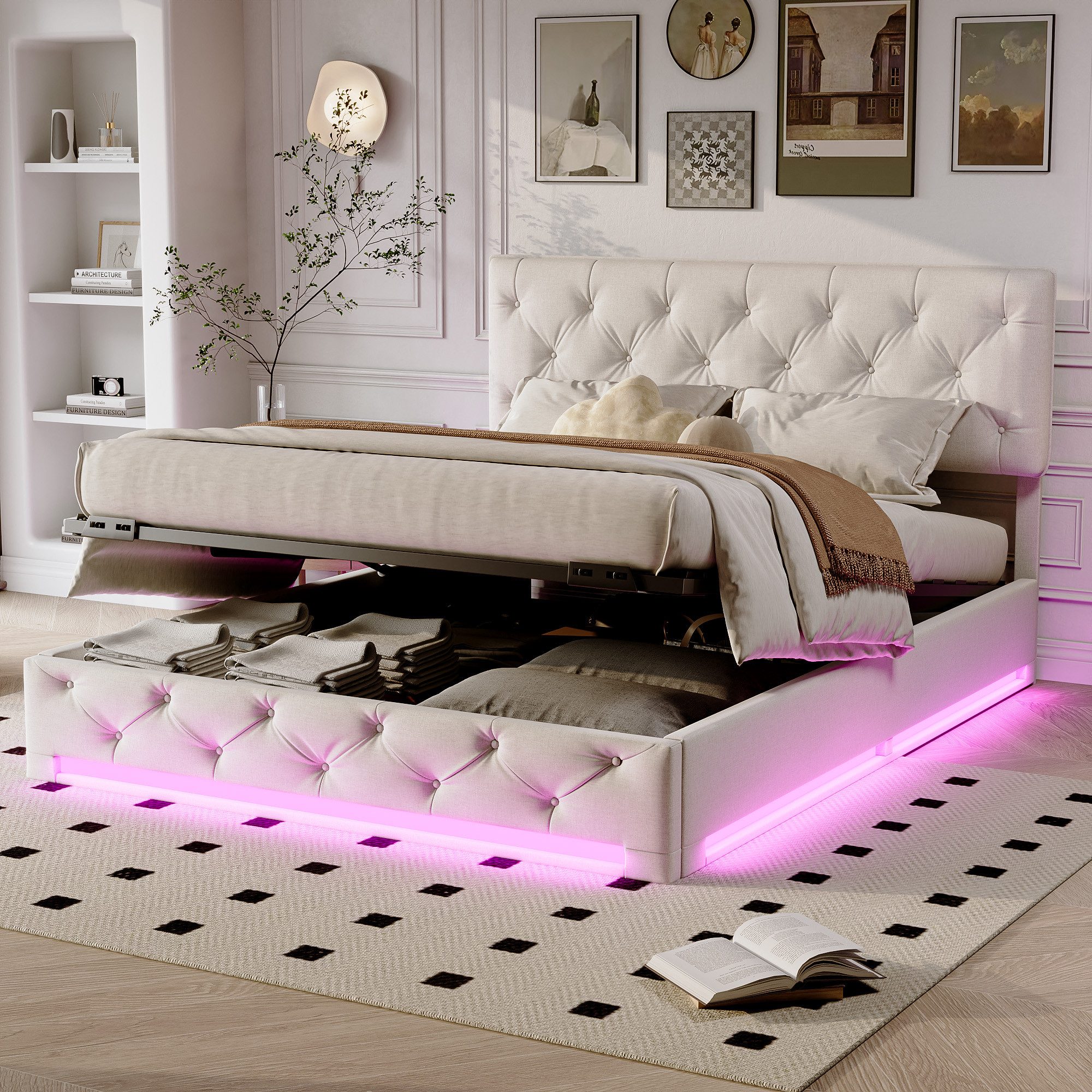 ADWOLT Stauraumbett Polsterbett Doppelbett mit LED-Beleuchtung (Gepolstertes Kopfteil mit getuftetem Knopfdesign), Hydraulikbett Funktionsbett, ohne Matratze, Leinen, Beige, 160x200cm