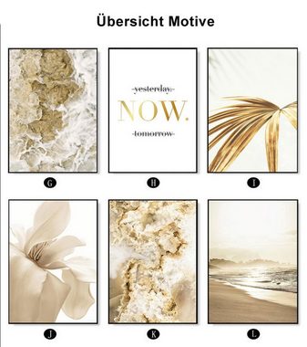 TPFLiving Kunstdruck (OHNE RAHMEN) Poster - Leinwand - Wandbild, Blumen, Blätter, Strand und Meer - (Wanddeko Wohnzimmer), Farben: Beige und Gold - Größe: 40x60cm