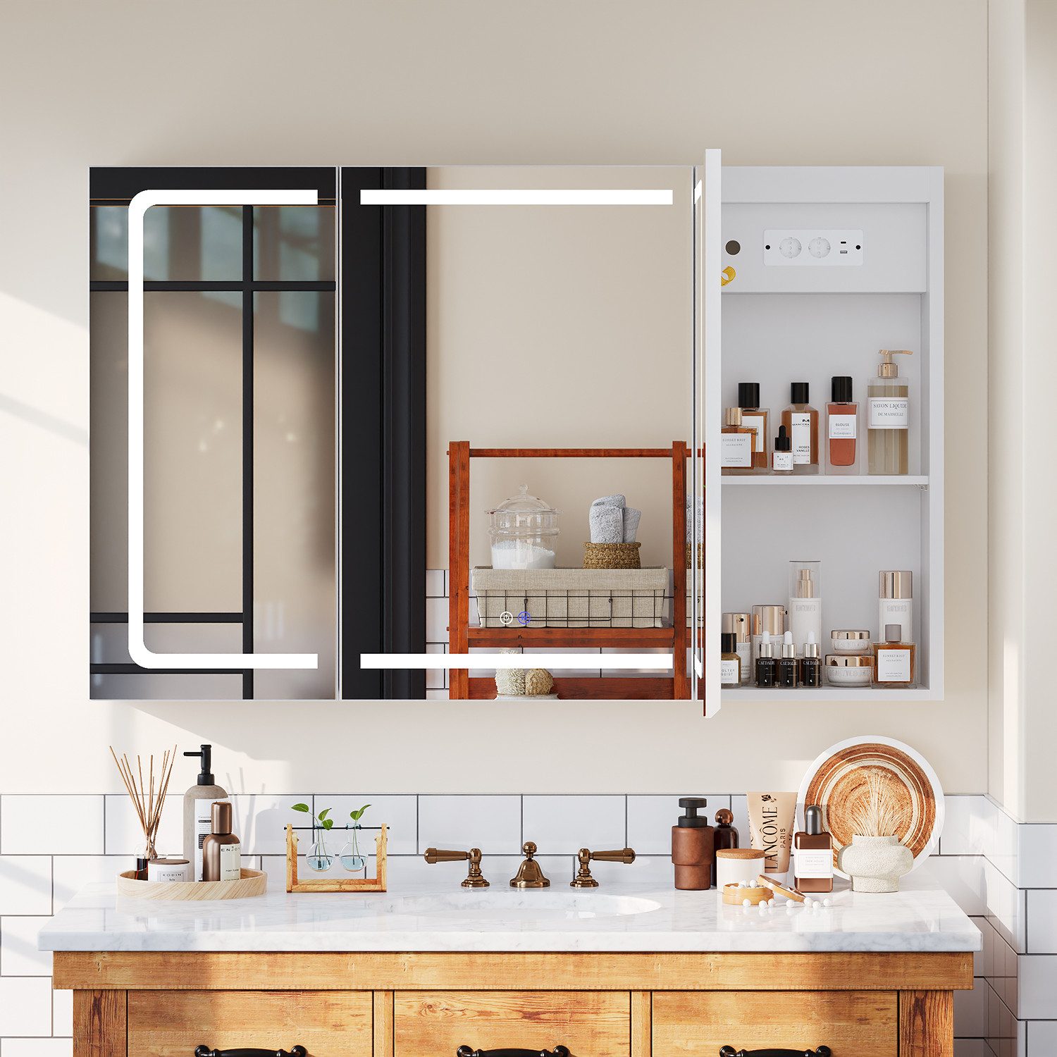 HOMALL Badezimmerspiegelschrank LED-3 Farbtemperaturen Spiegelschrank,Entnebelungsfunktion (mit Stecker, Touchschalter, Helligkeitsregelung,3 Türen Große Speich – Bild 5 von 5