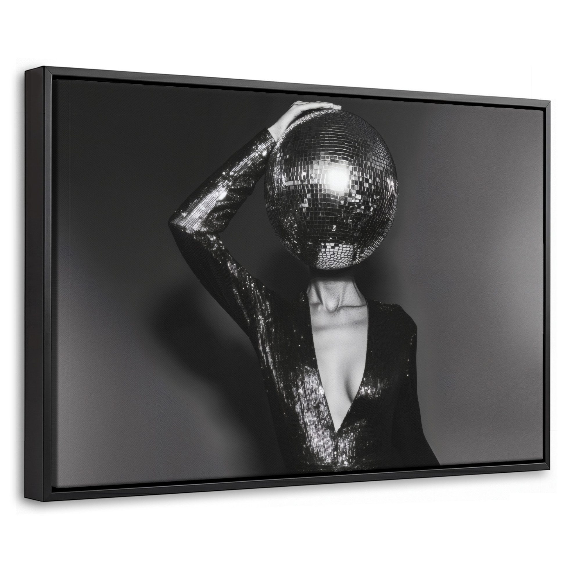 OneMillionCanvasses® Leinwandbild mit Rahmen - Discokugel - Gesicht - Glamour - Schwarz, Fotodruck (1 St), Bilder, Zimmer Wand Bild Dekoration 30x20cm