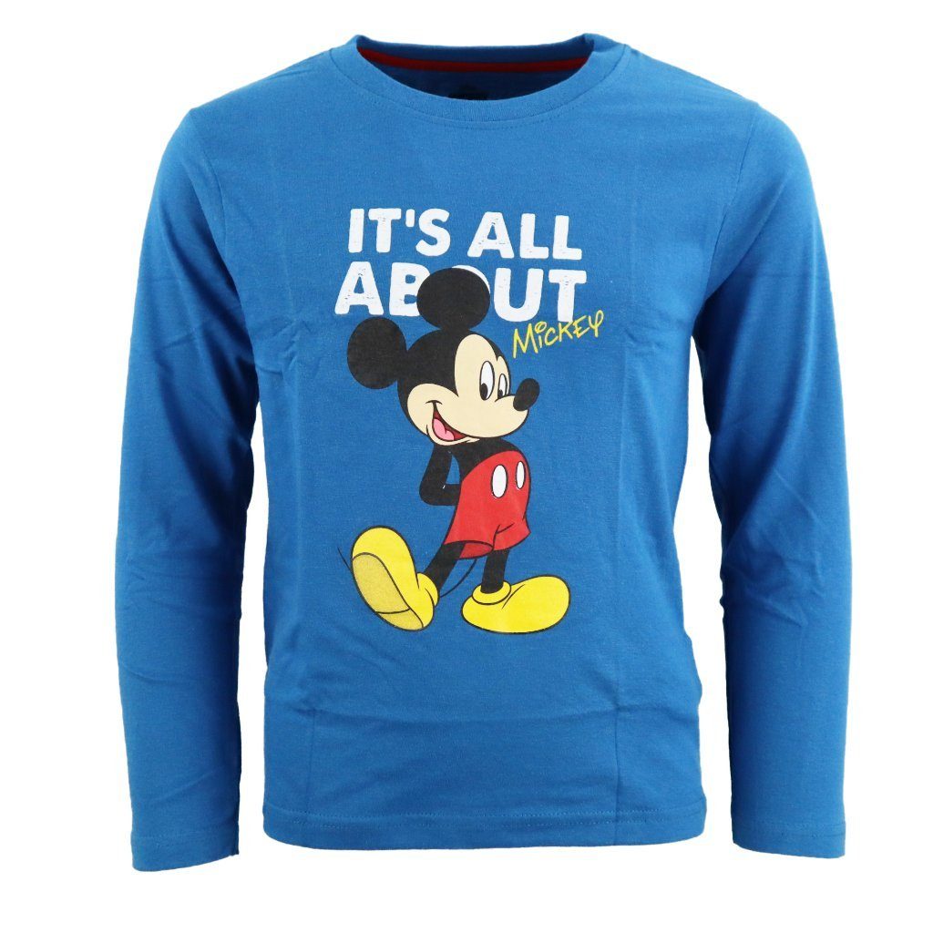 Disney Mickey Langarm Blau Shirt Langarmshirt 128, 100% Gr. Maus Baumwolle 98 Kinder Mickey Mouse bis