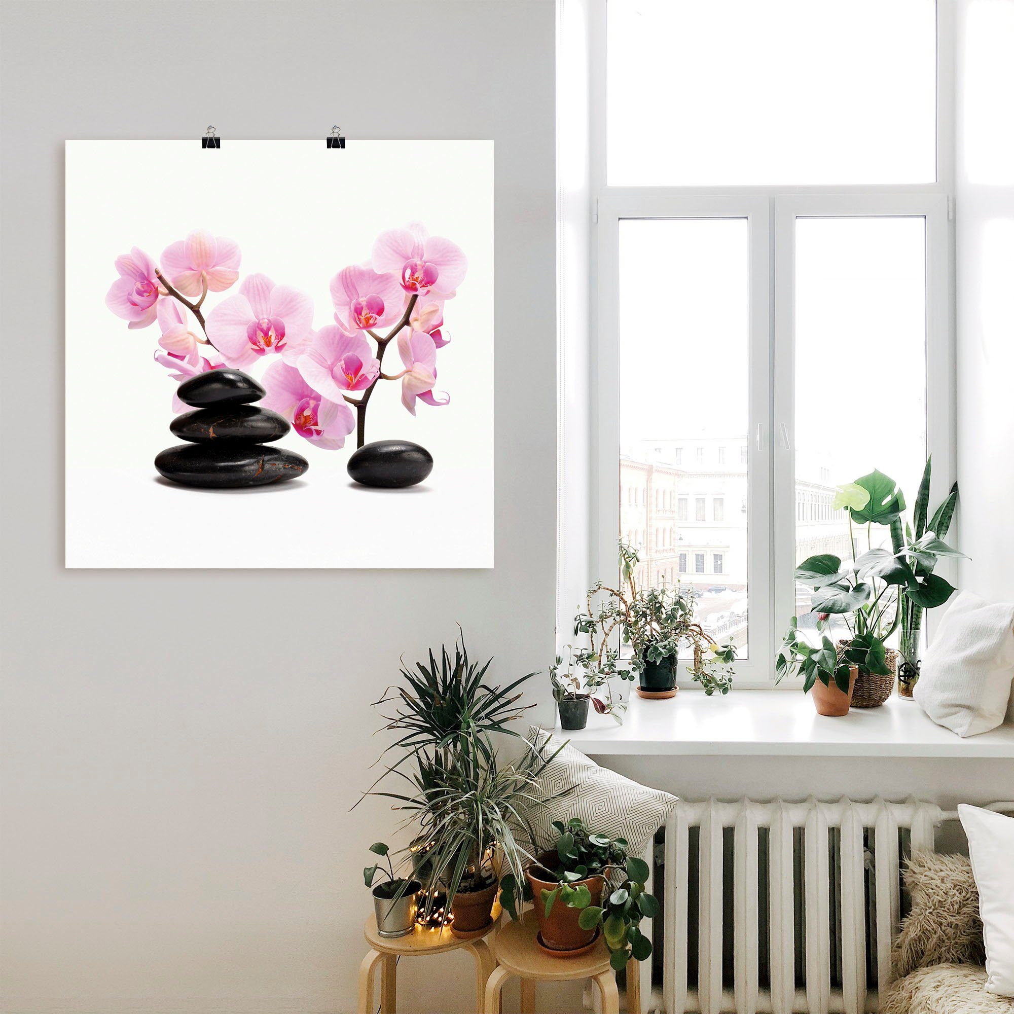 Steine als (1 St), versch. Wandaufkleber Poster pink Artland Alubild, in Zen oder Wandbild Schwarze und Leinwandbild, Größen Orchidee,