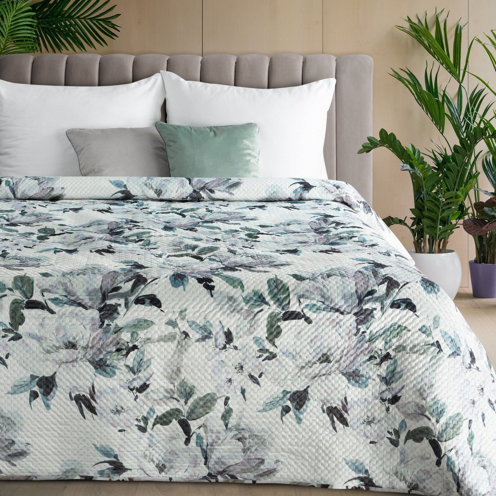 Eurofirany Tagesdecke floral, gesteppt & beidseitig, Bettüberwurf mit Blumenmuster, 170x210, 200x220, 220x240
