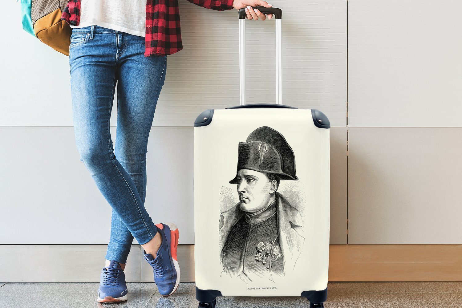 MuchoWow Bonaparte Trolley, Rollen, Handgepäck Illustration Napoleon 4 schwarz-weiß, von in rollen, mit Handgepäckkoffer Reisekoffer für Ferien, Reisetasche