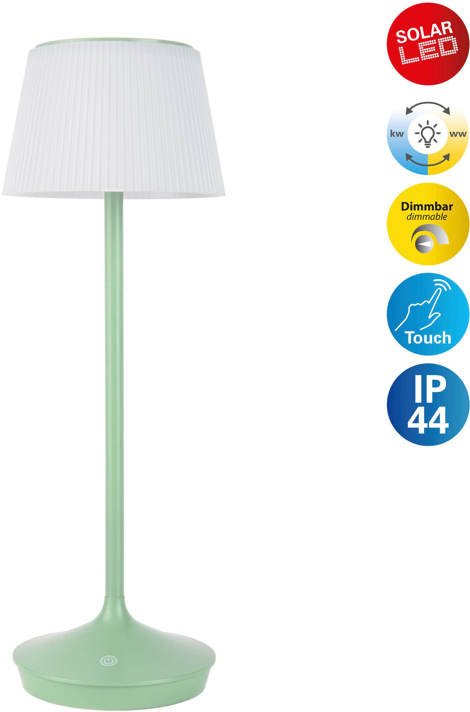 näve LED Tischleuchte Solarleuchte / Akkuleuchte "EMMI", Dimmer, Dimmfunktion, Ein-/Ausschalter, Farbsteuerung, USB-Ladefunktion, mehrere Helligkeitsstufen, LED fest integriert, Kaltweiß, Neutralweiß, Warmweiß, Solarbetrieb, Akkubetrieb, CCT, Berührungssensor, Akkutischleuchte