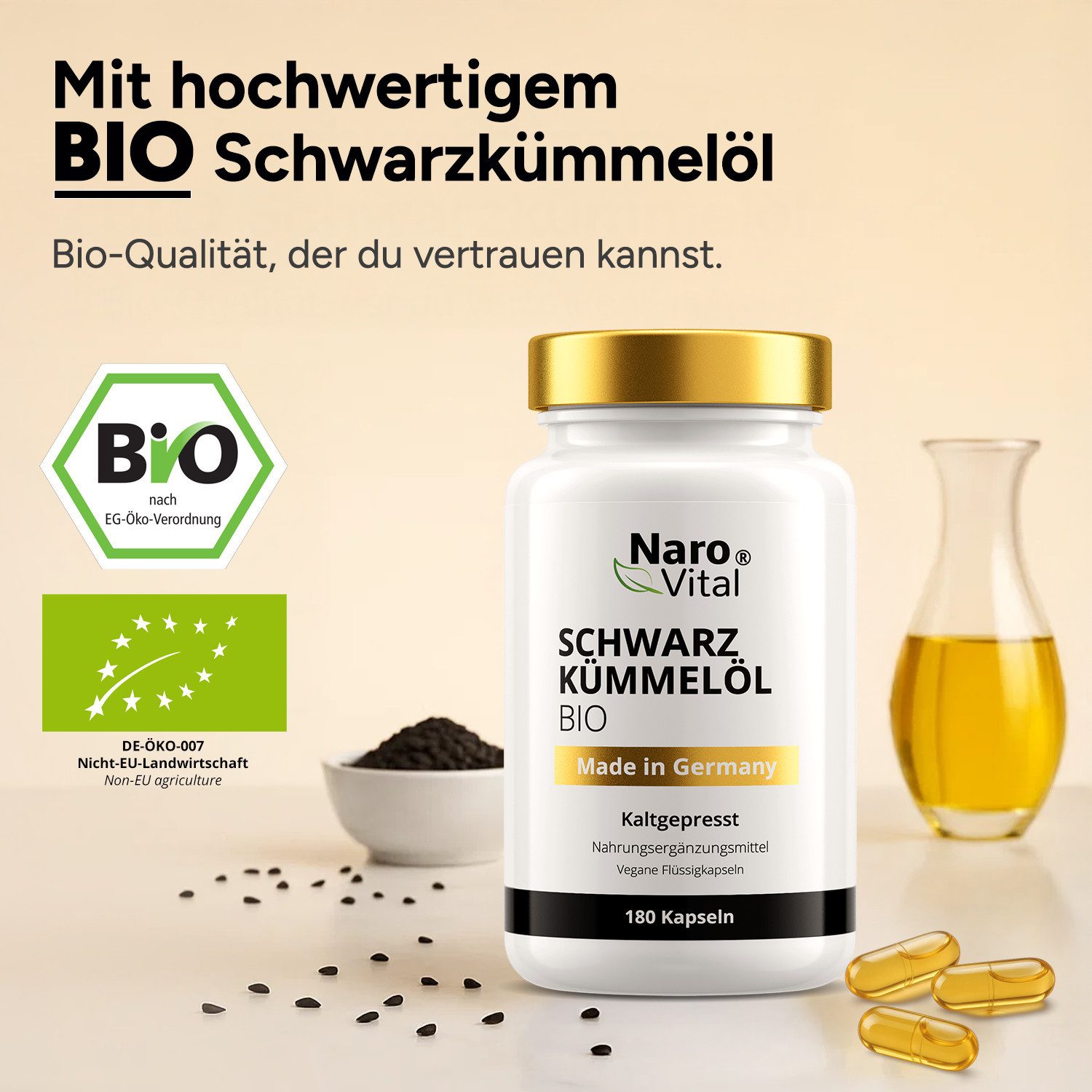 NaroVital Bio Schwarzkümmelöl Kapseln kaltgepresst - Flüssigkapseln 180 Kapseln, 180 St.