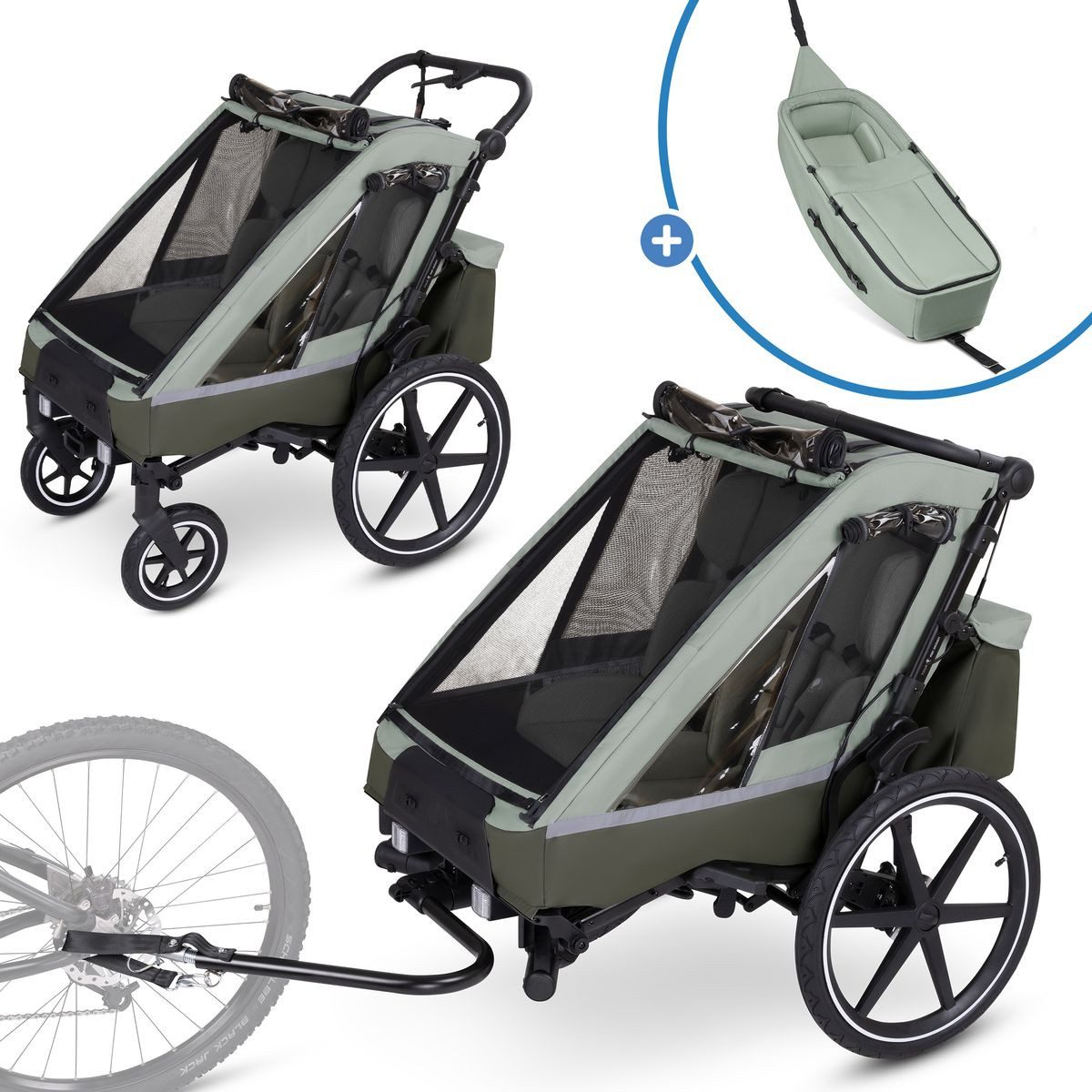 ABC Design Fahrradkinderanhänger Tour 2 - Olive, Fahrrad Anhänger, Kinderwagen für 2 Kinder mit Neugeboreneneinsatz