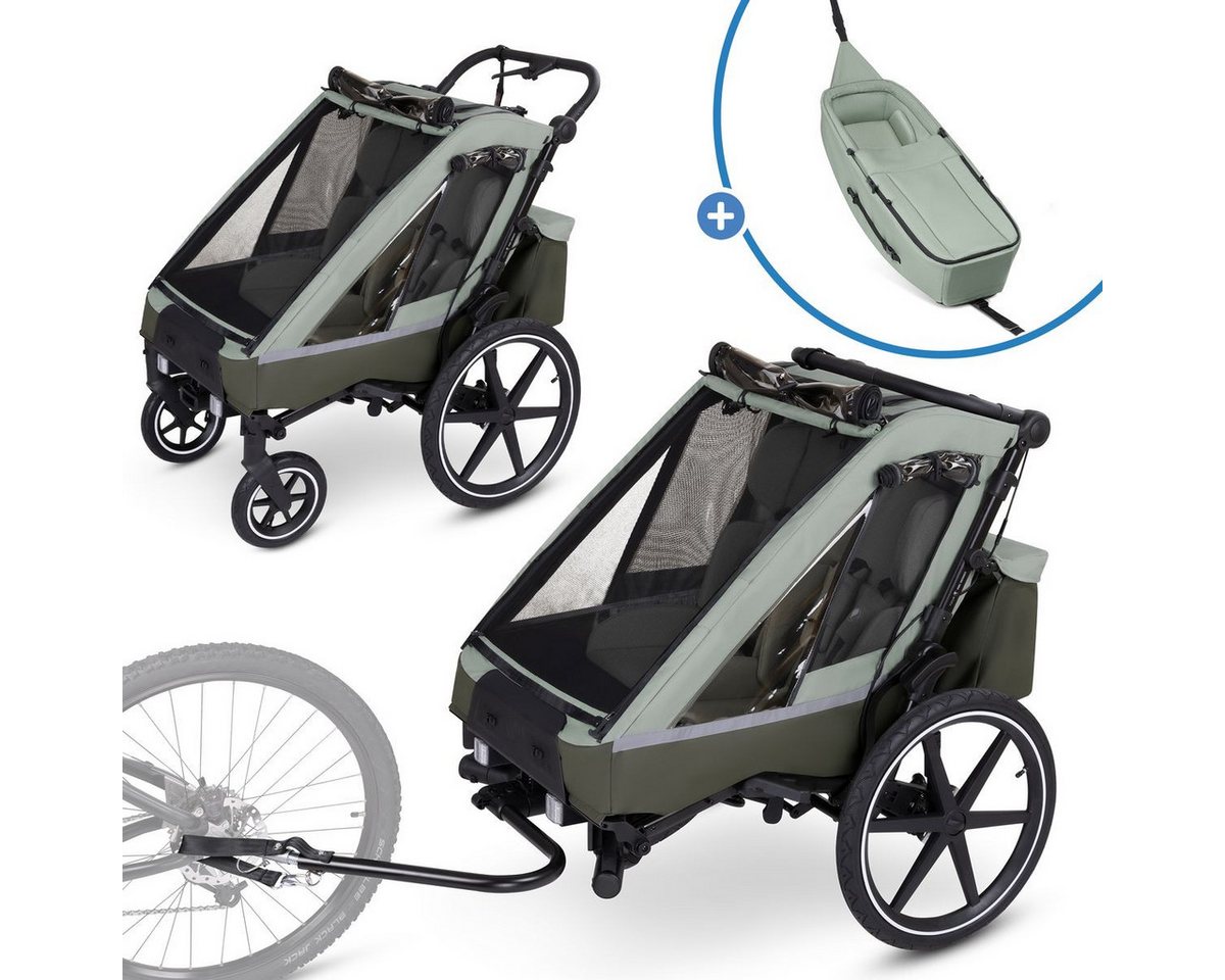 ABC Design Fahrradkinderanhänger Tour 2 - Olive, Fahrradanhänger Kinderwagen für 2 Kinder mit Neugeboreneneinsatz